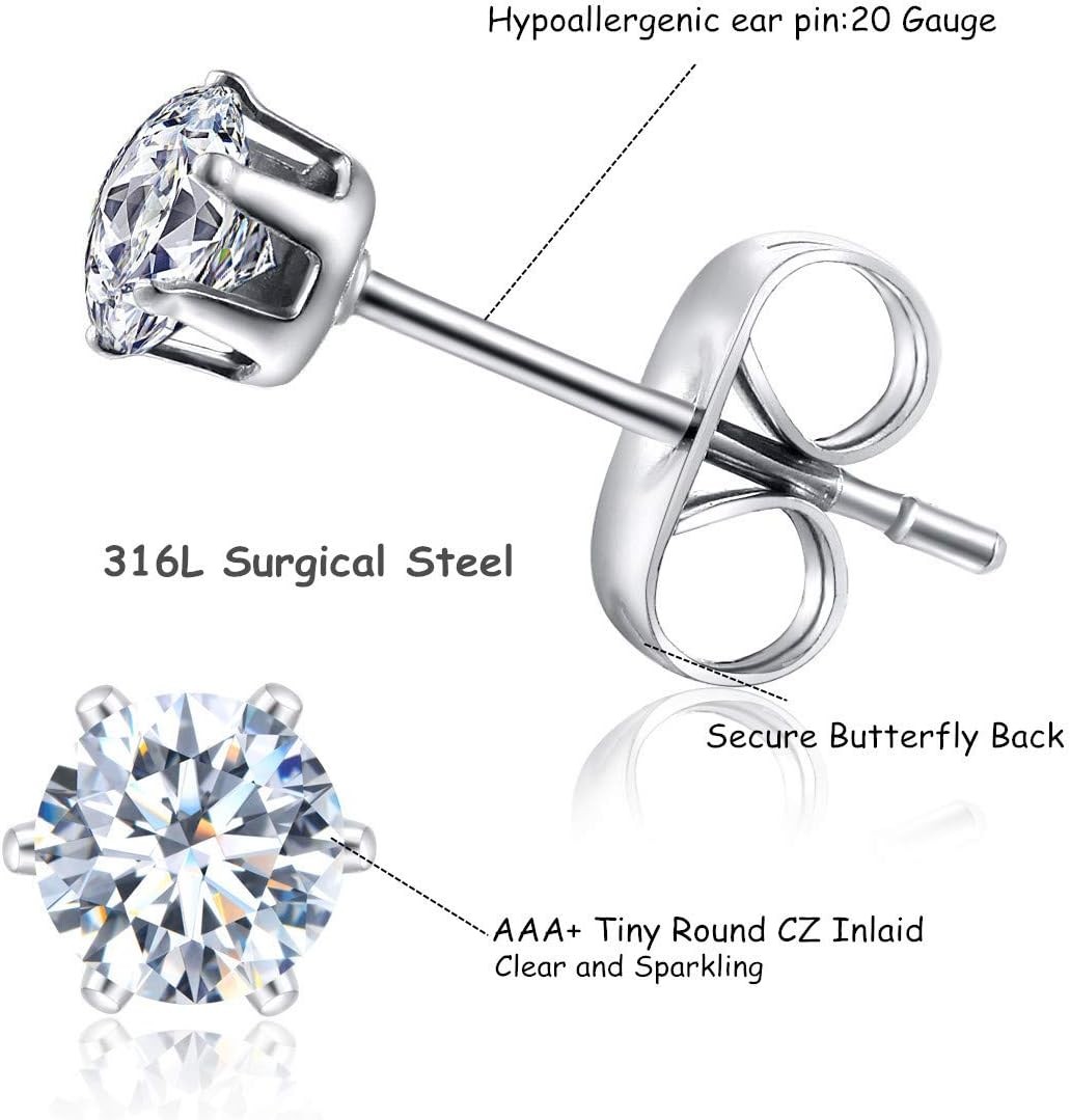 Tiny Womens Surgical Stainless Steel Clear Cubic Zirconia Stud Earrings