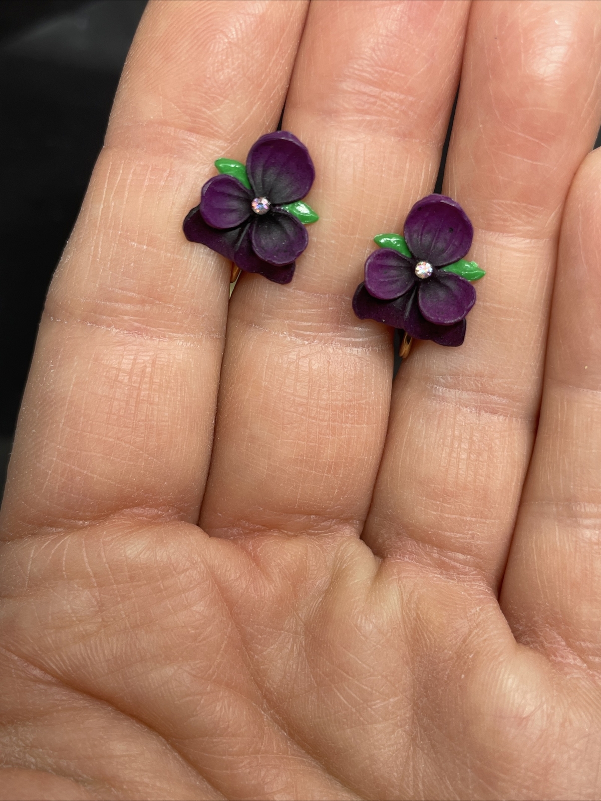 Vintage GoldTone, Enamel, Ceramic, Crystals Violet Heart Pendant/ClipOn Earrings
