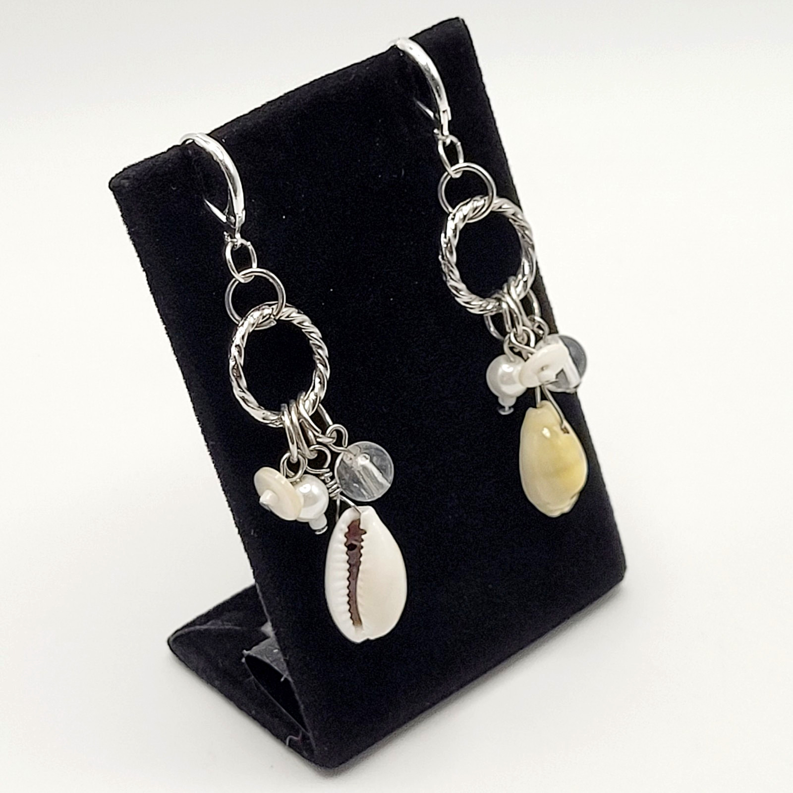 Handcrafted Boho Cowrie Shell Dangle Earrings Silver Tone Cluster Beaded Coastal