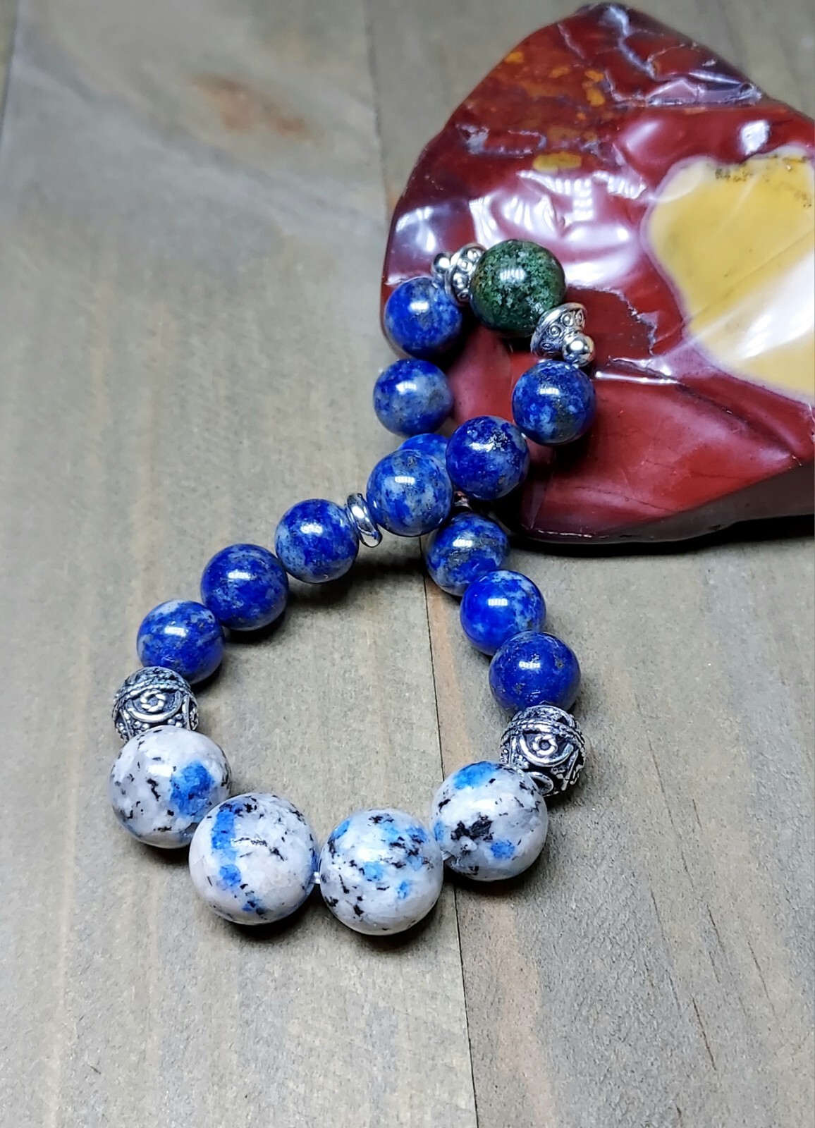 Blue Lapis and K2 Stone Bracelet Unique Meditation Jewelry Stretchy Gems 6.25″