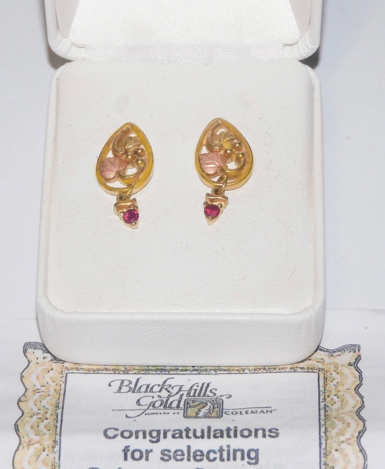 Black Hills Gold Coleman 10k 12k Ruby Drop Earrings