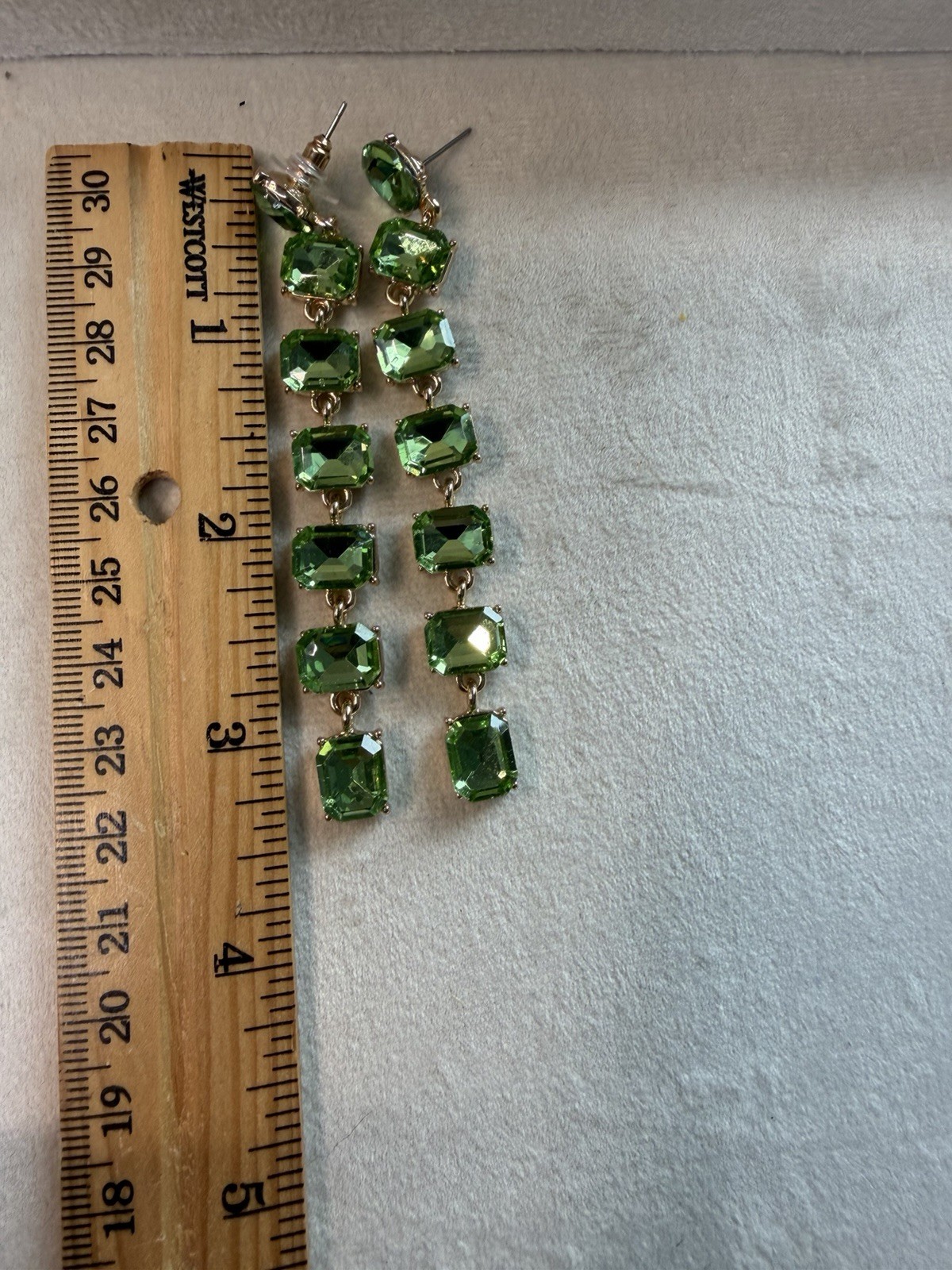 Green Crystal Rectangle Dangle Drop Earrings Gold Tone Prong Set 3.75 in