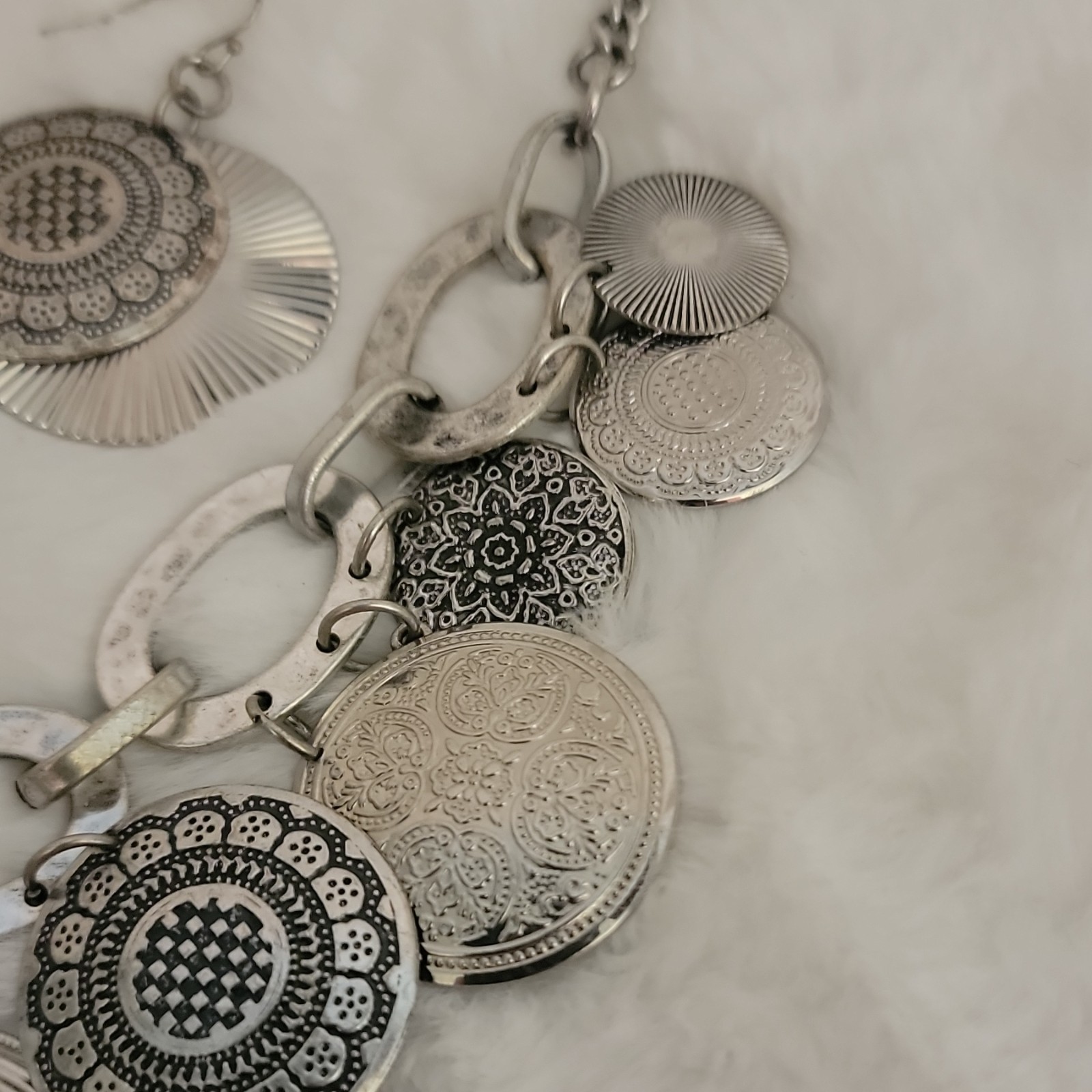 Silver Floral Medallion Embossed Charm Necklace with Matching Earrings