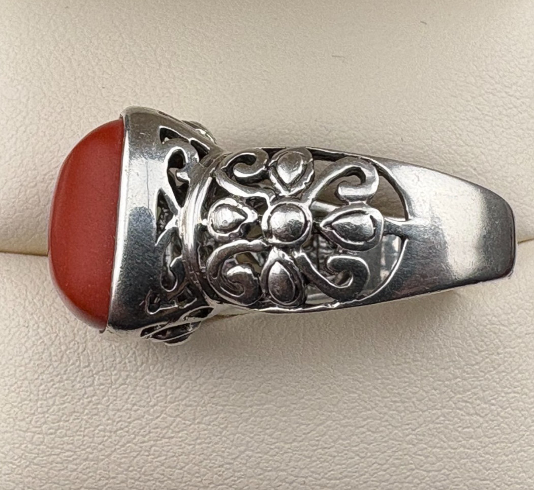 925 Sterling Silver Scrollwork Artisan Carnelian Ring Size 8.75 TMA – 7 grams