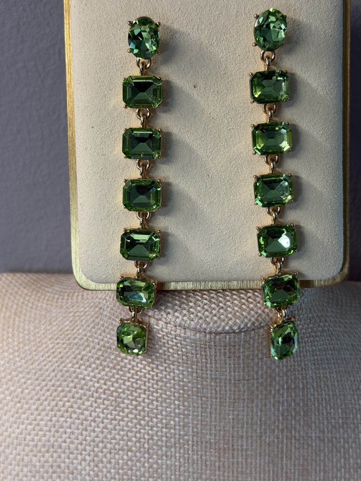 Green Crystal Rectangle Dangle Drop Earrings Gold Tone Prong Set 3.75 in