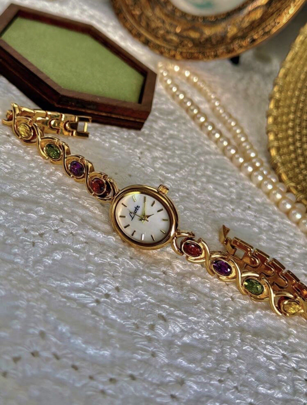 Women’s Gold And Rainbow Crystal Vintage Style Oval Watch Gift
