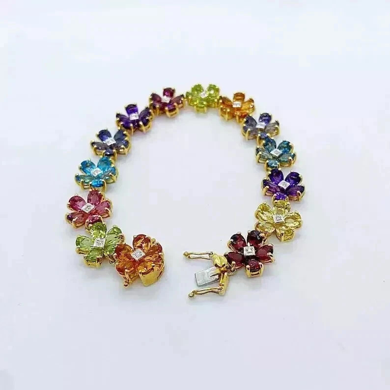 9.55 Ct Simulated Multi-Gemstone Flower 7″ Bracelet 14K Yellow Gold Plated