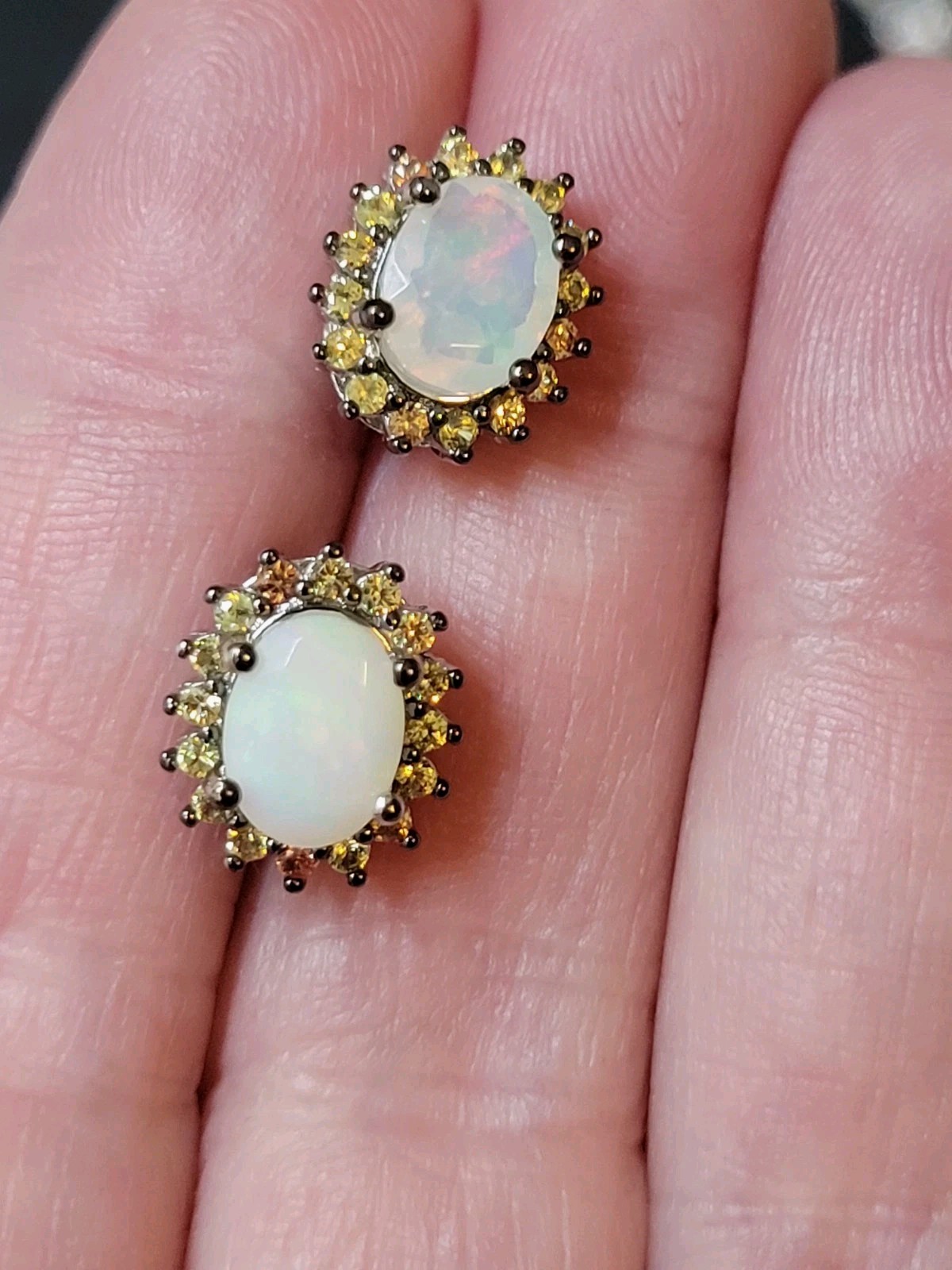 Natural Ethiopian Opal & Sapphire 925 Sterling Silver Post Earrings 1087