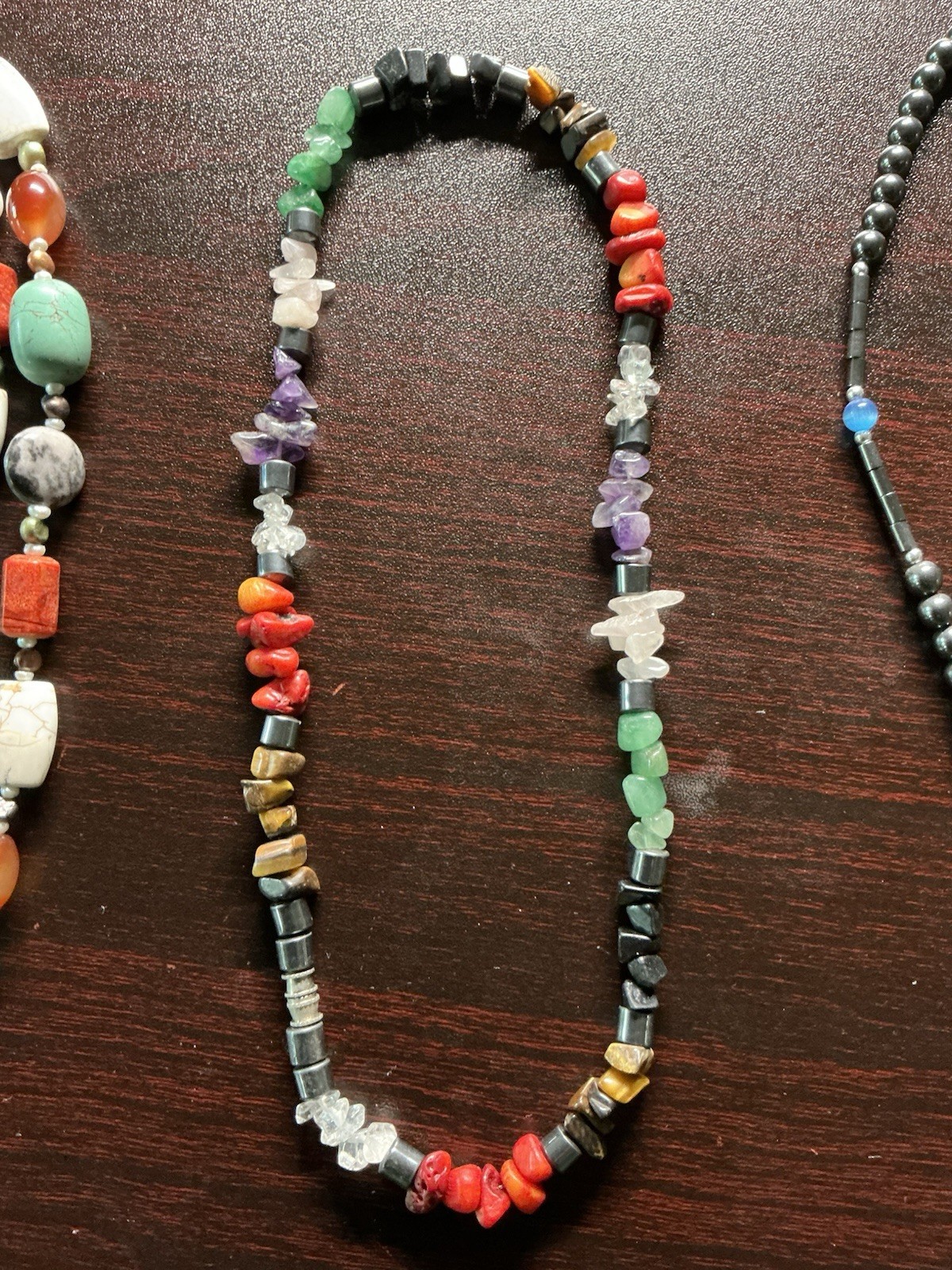 Lot Of 3 Hematite Crucifix, Turquoise Howlite Coral Amethyst Tigereye Necklaces