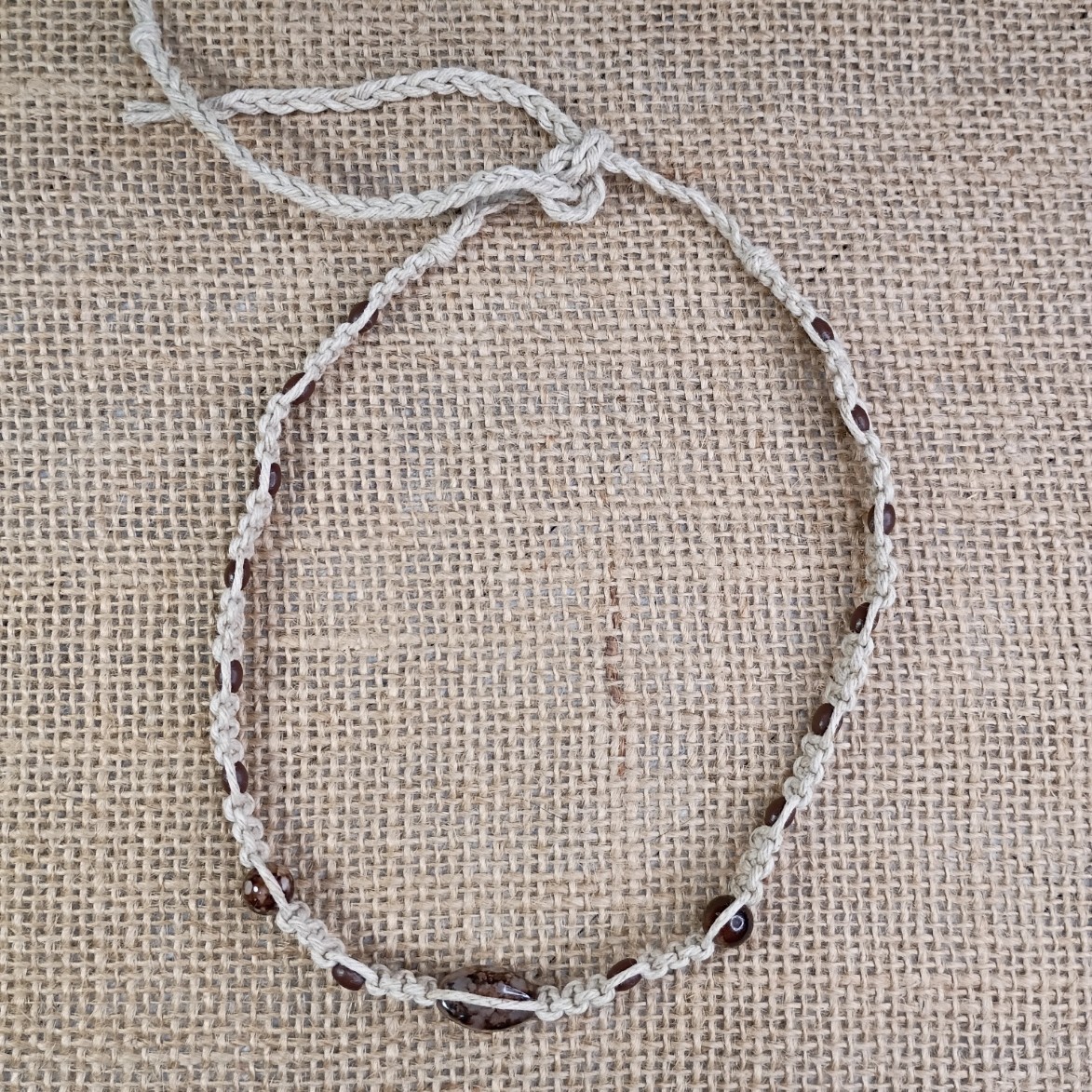 New Natural Hemp Choker Necklace W/ Mixed Brown Beads 13-18 in Tie-On Macrame