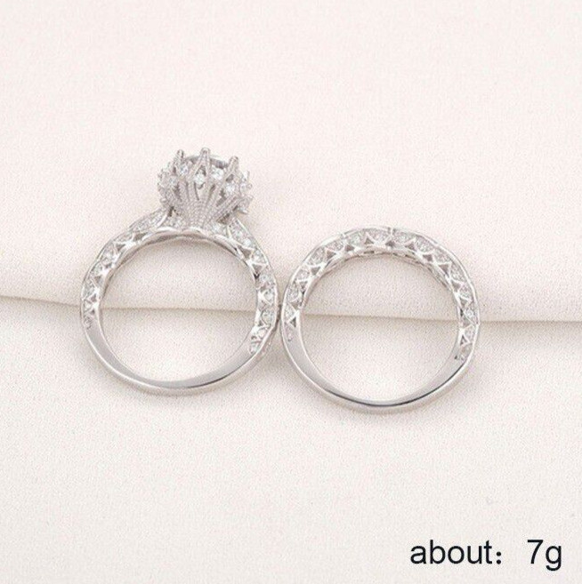 925 Silver Plated Ethnic Vintage Ring 2 Ct CZ Inlay Bridal Marriage Ring Set