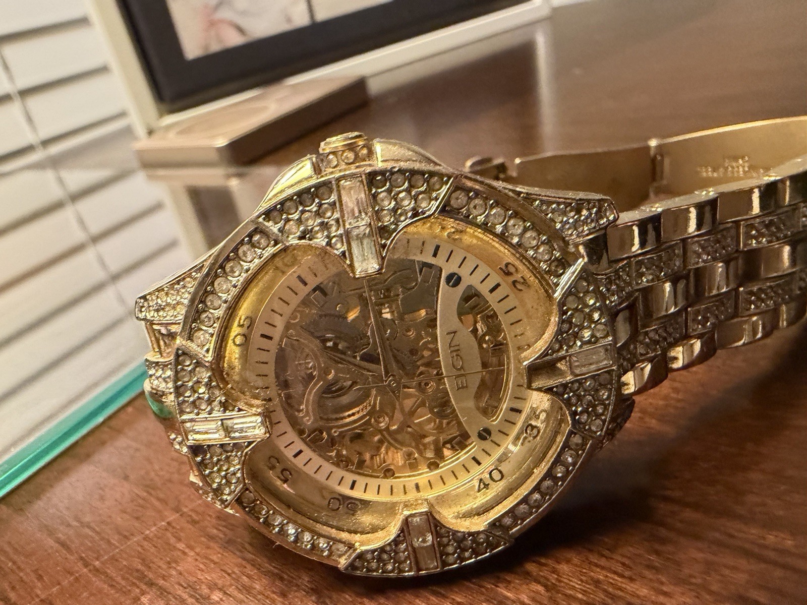Elgin men’s Dress Mechanical Automatic Skeleton Dial Gold Bracelet Watch