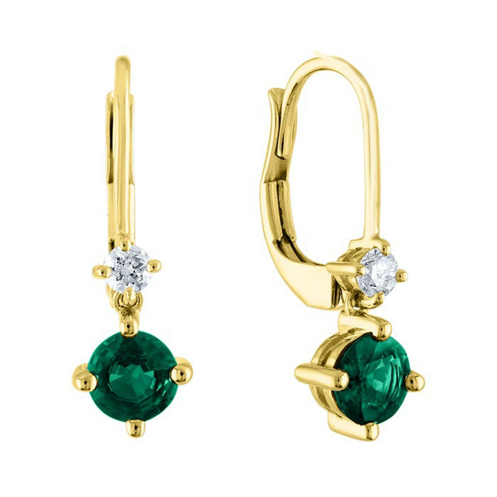 5MM Round Emerald Solitaire Drop/Dangle Leveback Earrings 14K Yellow Gold Plated