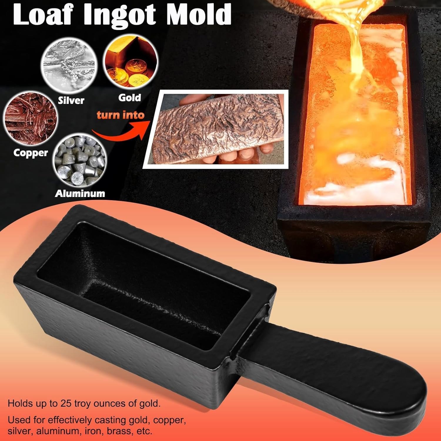 25 oz Cast Iron Loaf Ingot Mold w Handle For Melting Casting Gold Silver Copper