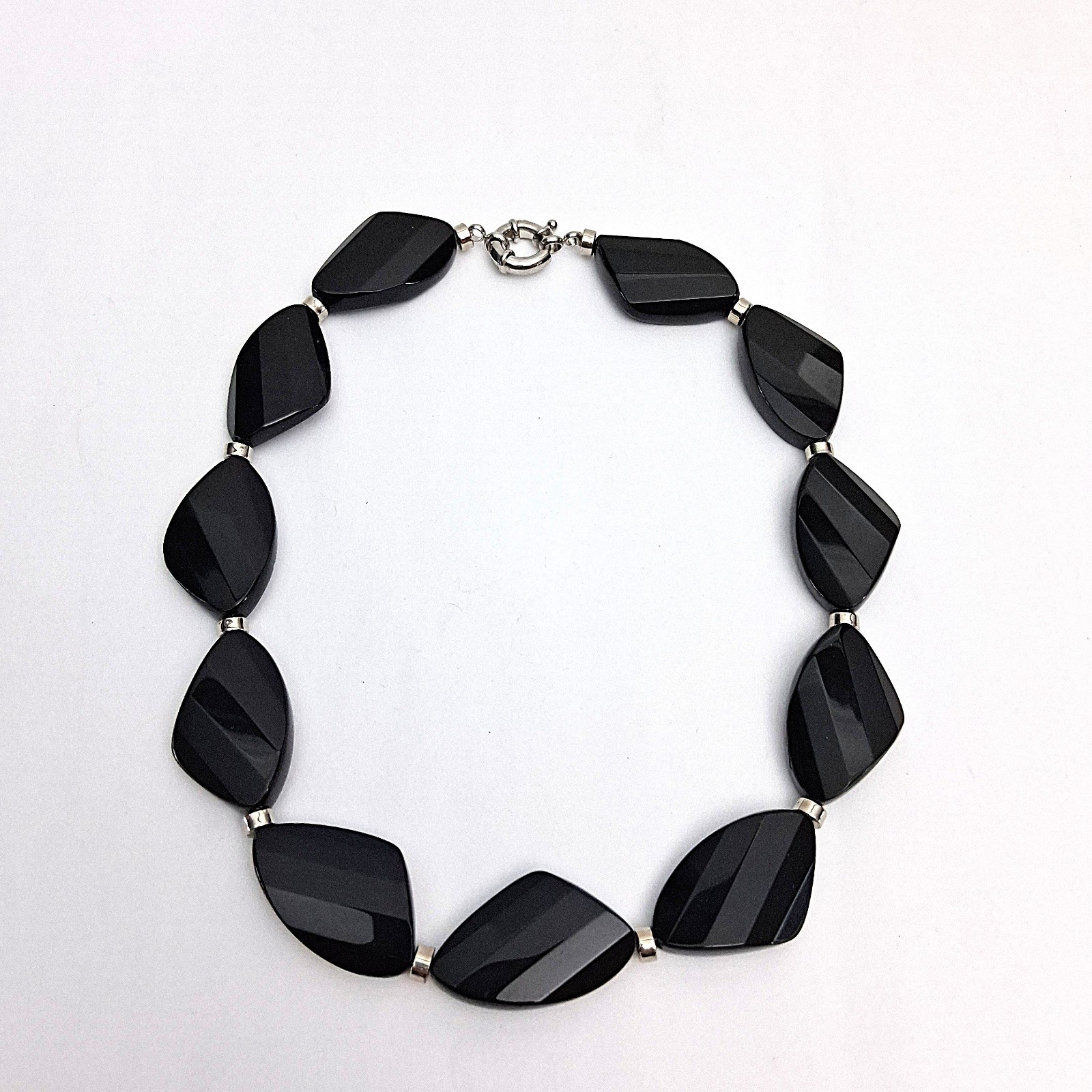 VINTAGE 80’s Jet Black Glass Faceted Bead Statement 114g Piece Necklace 17.5″