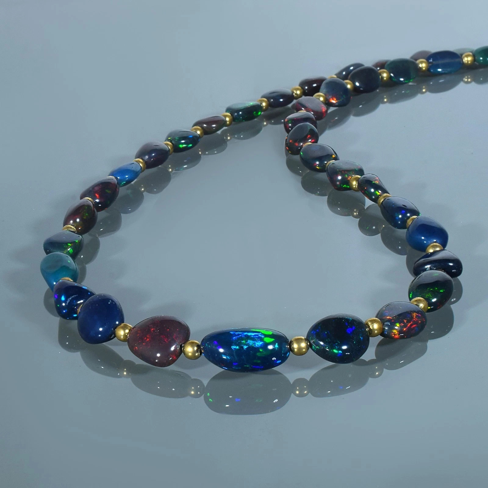 Natural Welo Fire Black Opal Tumble Beads Necklace 925 Silver Handcrafted Chain