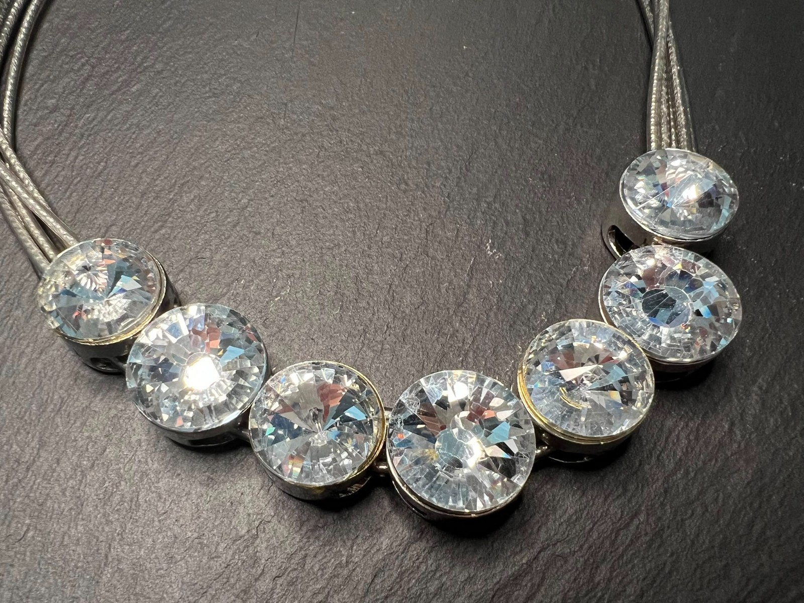 Statement Crystal Rivière Necklace Silver Tone Multi Strand Chain Clear Round St