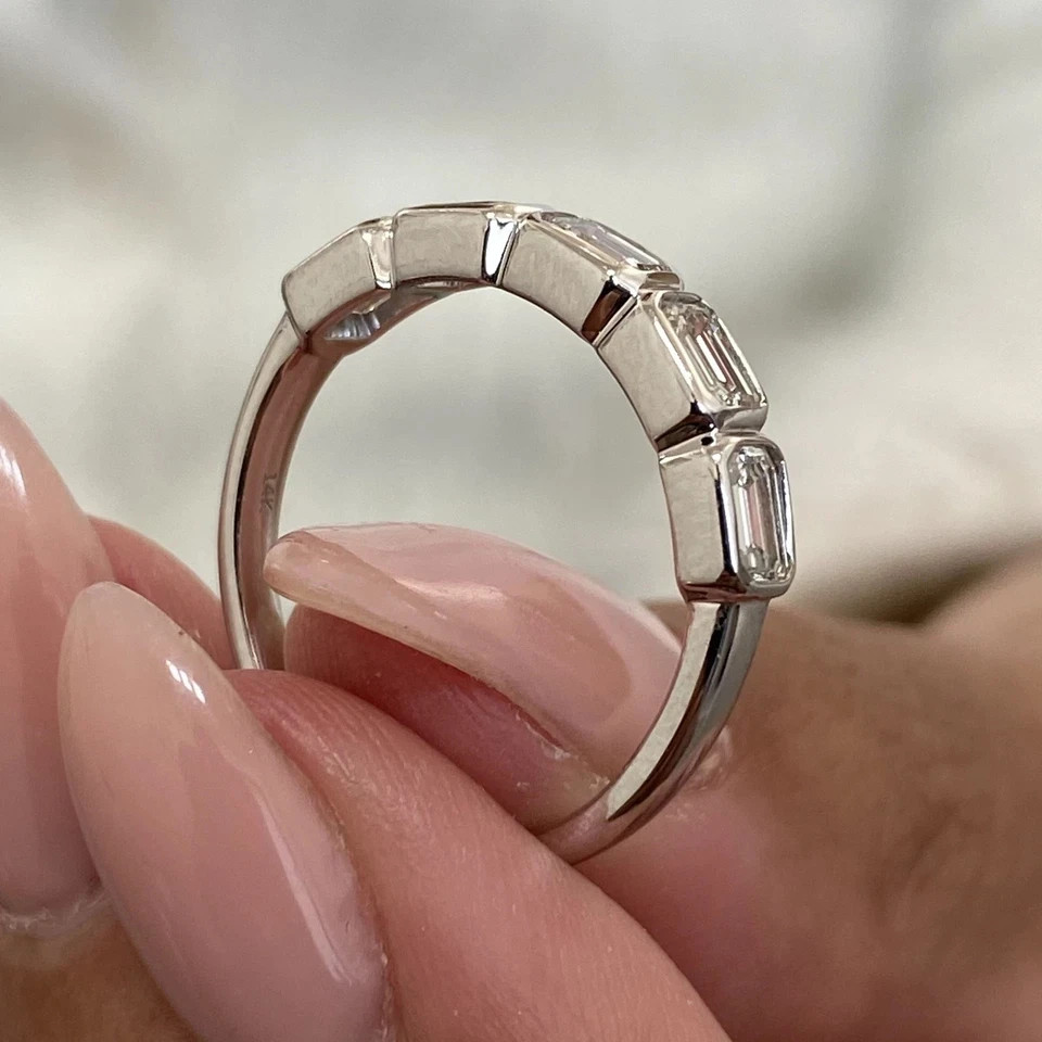 1 Carat 14k White Gold Diamond Band Wedding Emerald Cut Lab Grown VVS E F CVD