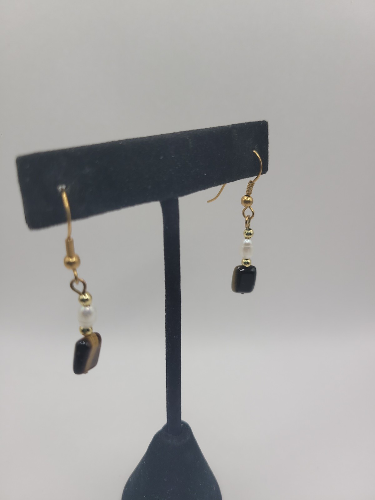 Handmade Brown Black & White Beaded Dangle Earrings Gold Tone Fishhook Boho