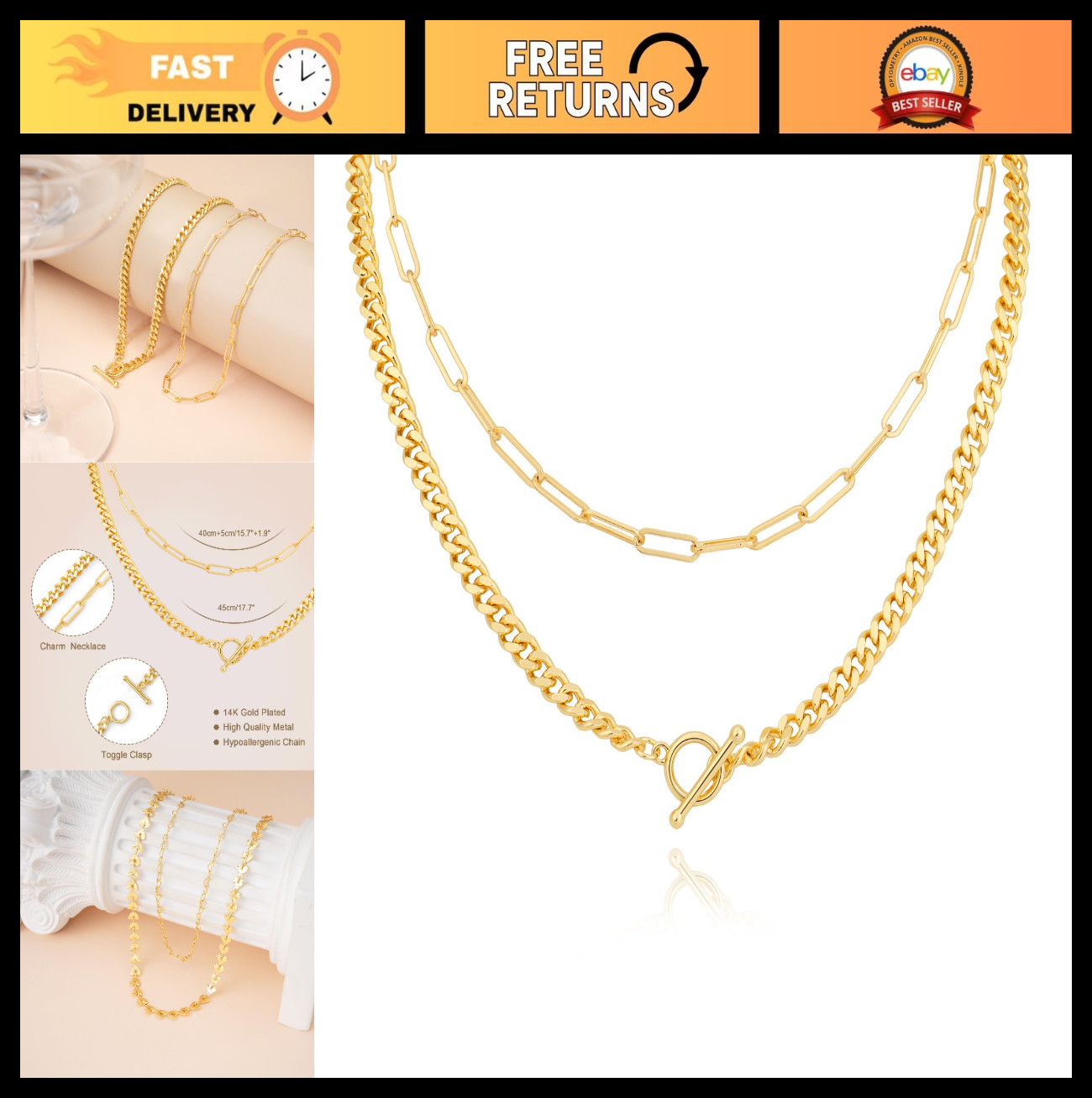 Trendy Layered Necklaces for Women – 14k Gold Plated Dainty Toggle Clasp Jewelry