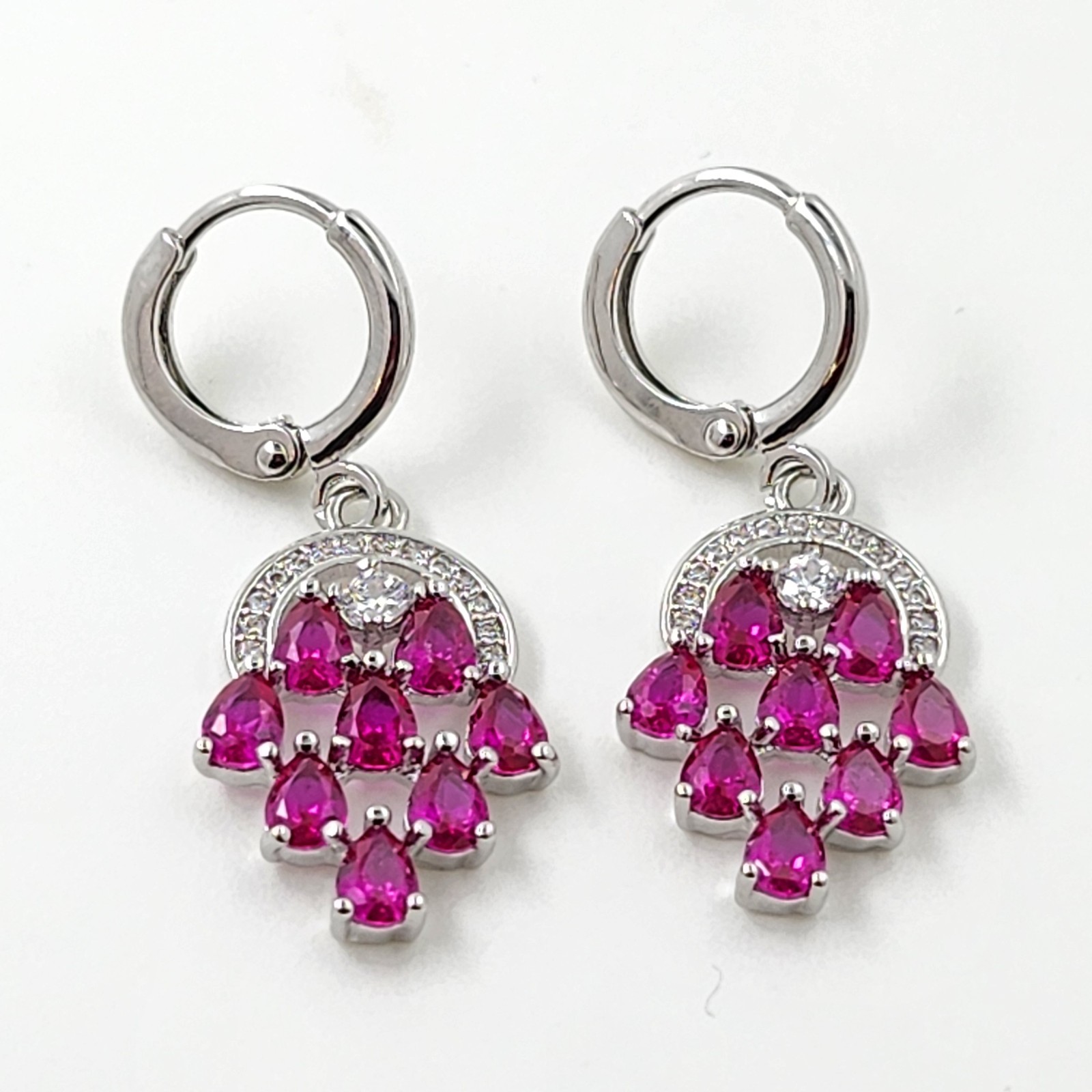 14k White Gold Plated 3x4mm Pear Treatment Ruby 1.3” Earrings Gemstone