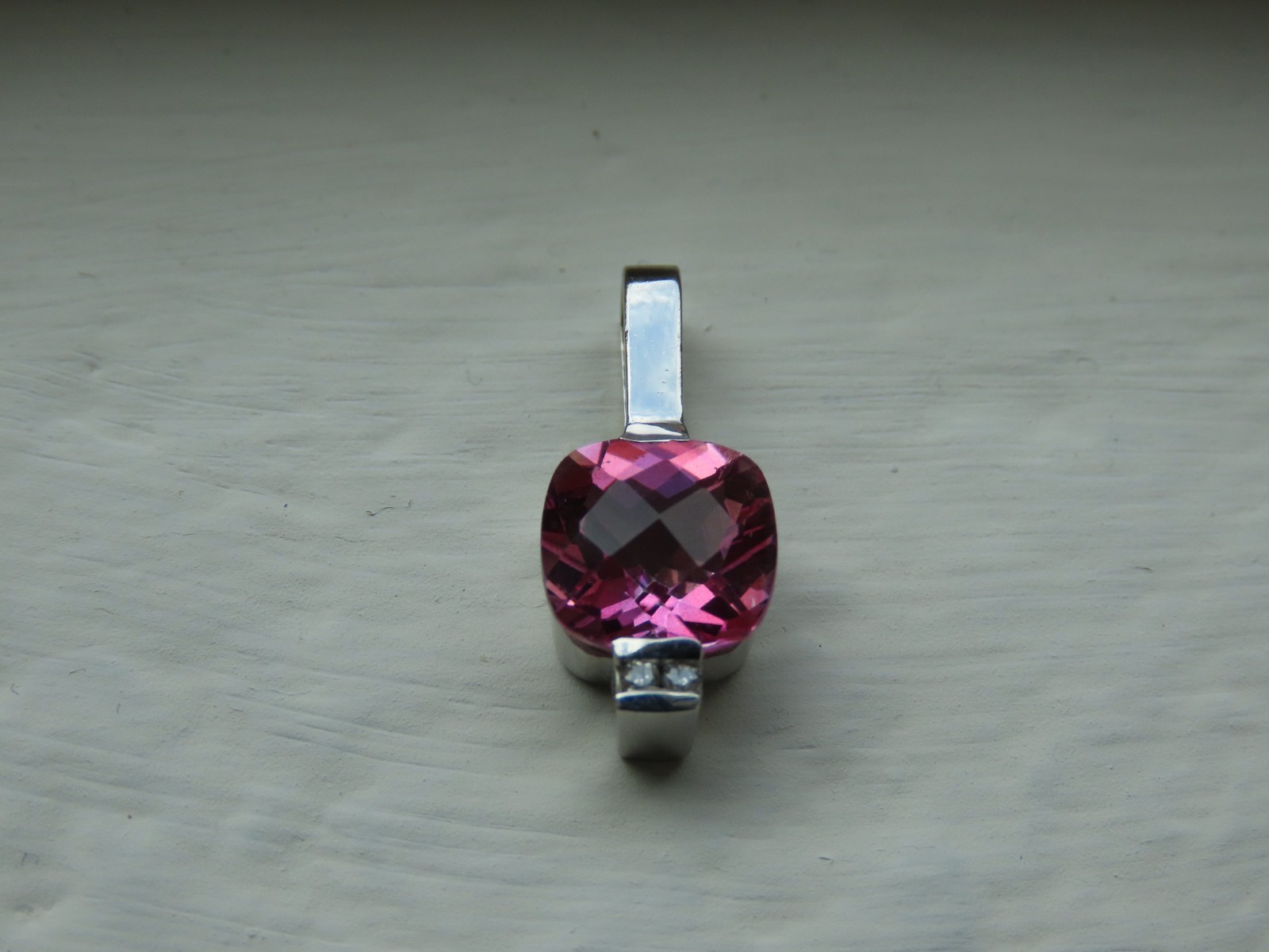 14K White Gold Cushion Cut Pink Topaz with .02 Diamonds Pendant