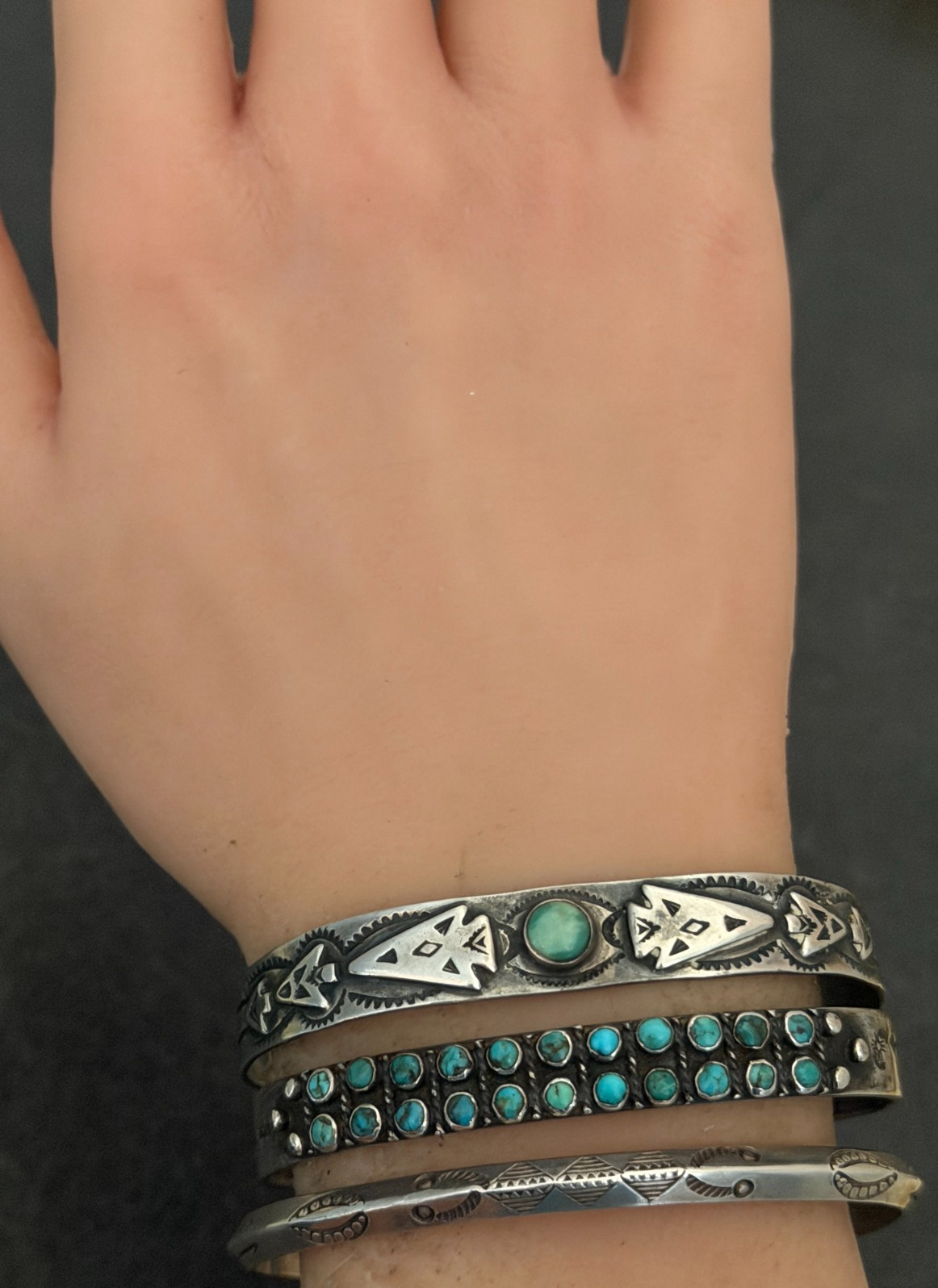 Vintage FRED HARVEY era Navajo ARROW HEAD Turquoise Silver Bracelet 6.6in