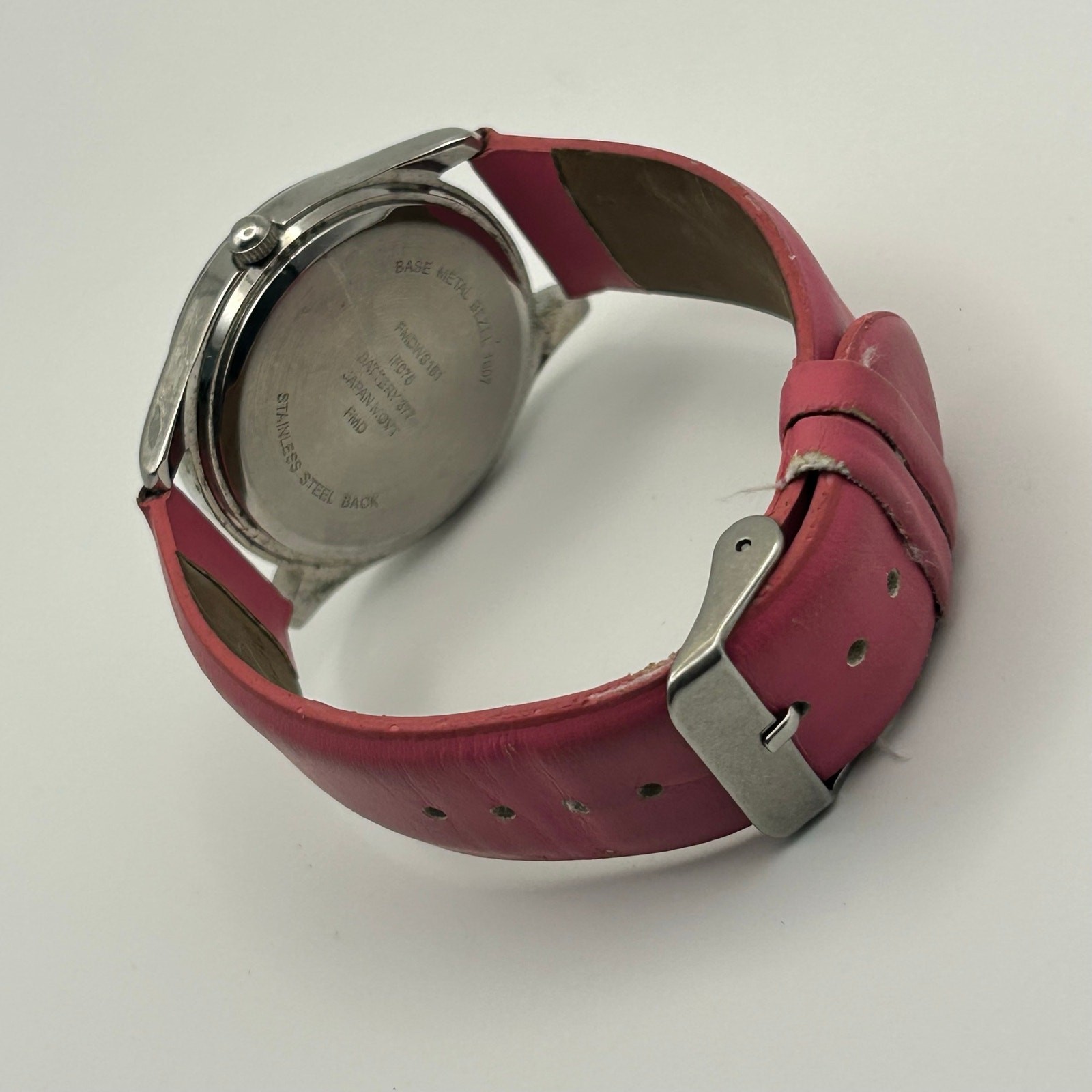 Women’s Silver-Tone Pink Faux Leather Fashion Watch Working New Battery