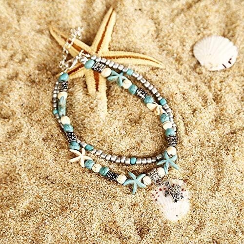 Softones Blue Starfish Turtle Anklet Multilayer Charm Beads Sea Handmade Boho