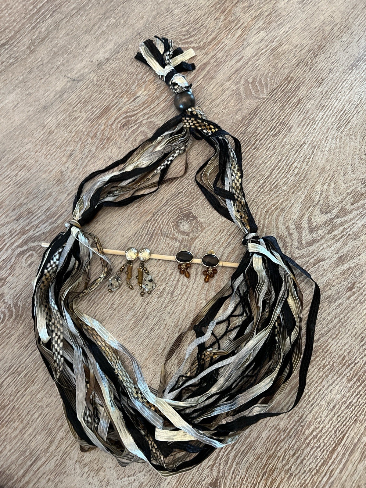 Multi Strand, Black And Beige Ribbon Adjustable Lightweight Necklace