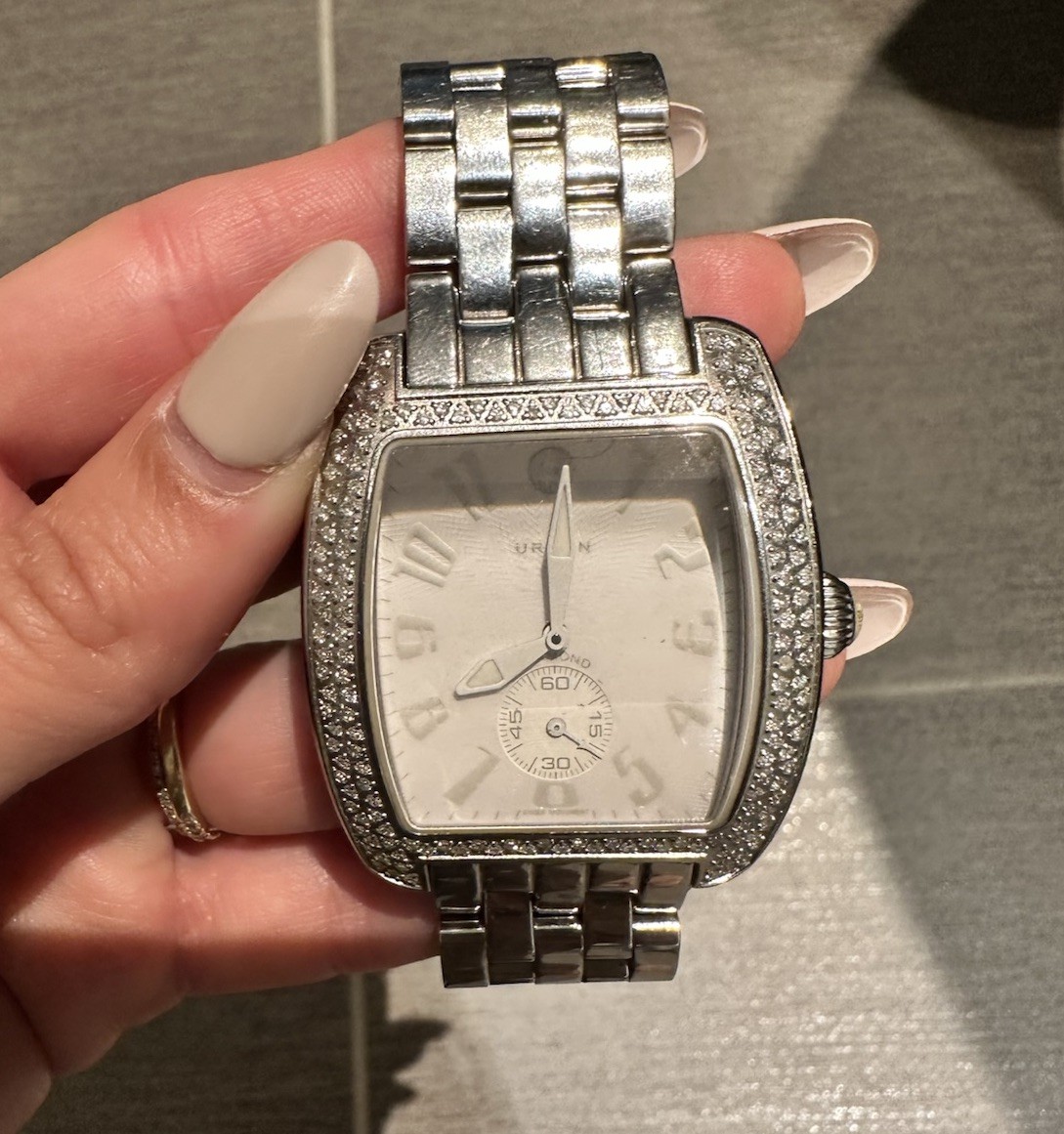 MICHELE Urban Diamond Bezel Quartz 38mm Tonneau White Dial Silver Bracelet
