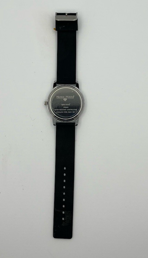 Nurse Mates Wrist Watch Silver W/Black Band, Not Tested & Needs Battery.
