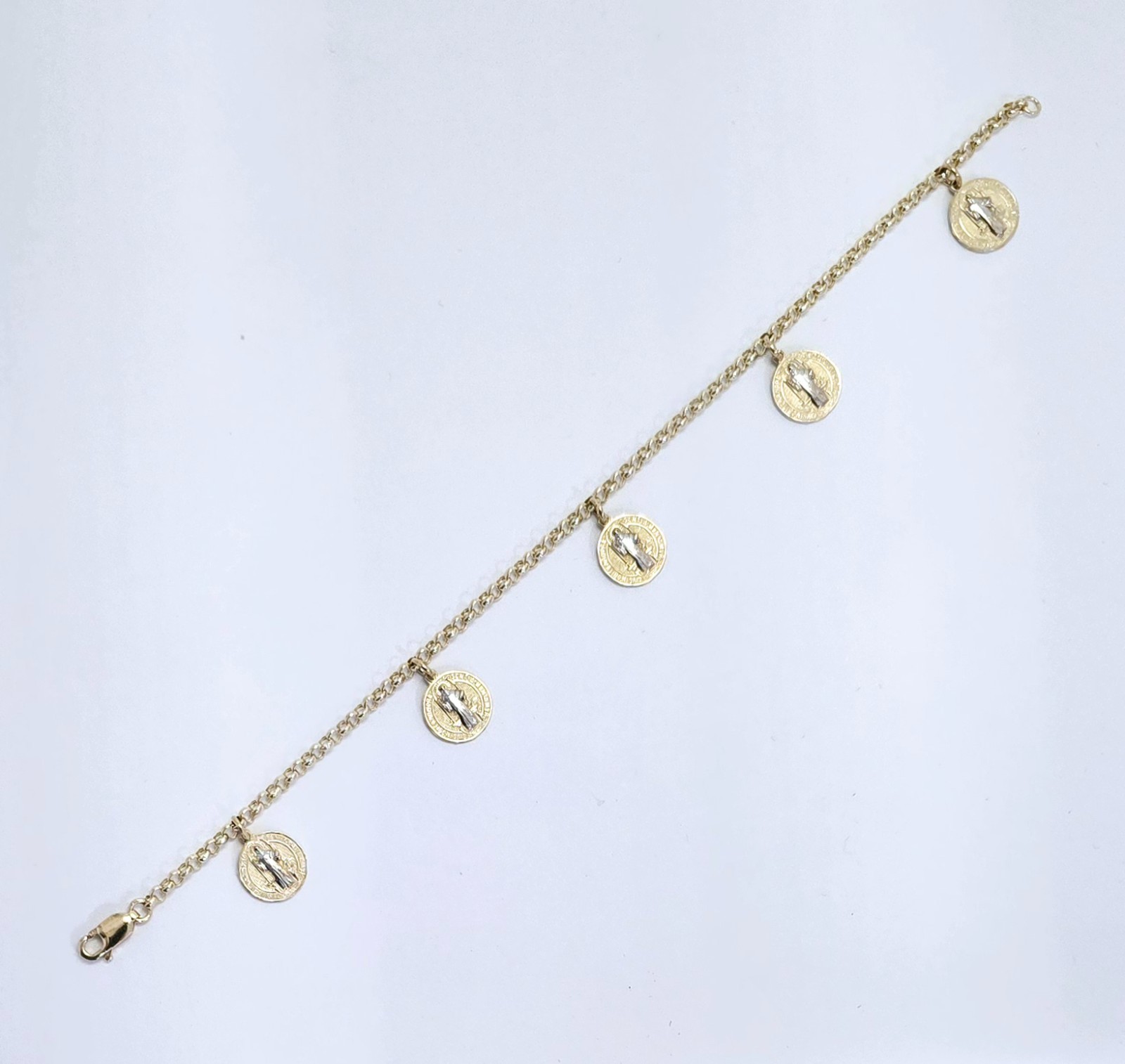 14k 2 Tone Gold San Benito Saint Benedict Rolo Chain Protection Bracelet