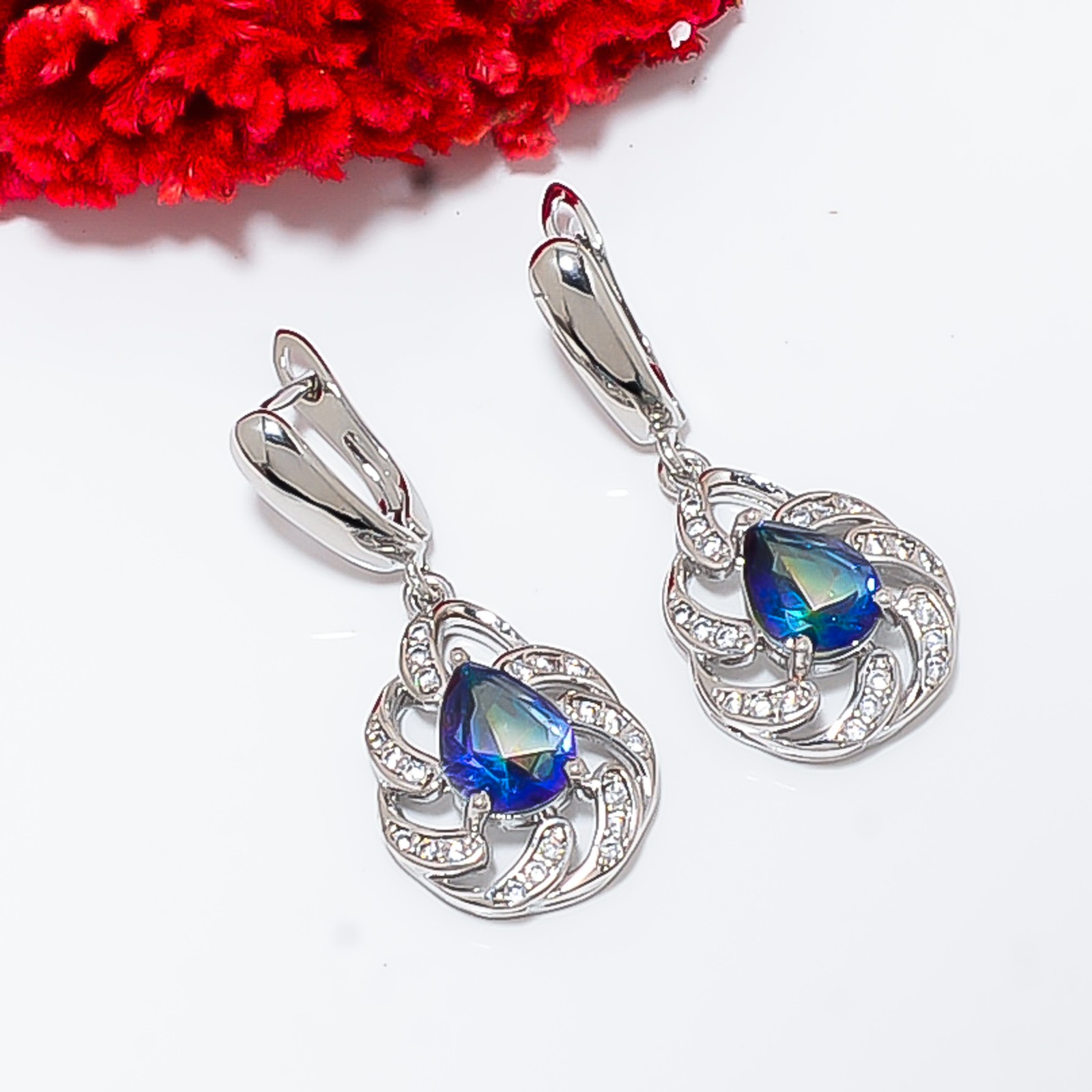 Blue Rainbow Mystic Fire Topaz & Cz 925 Sterling Silver Drop Earring 1.30″ E9417