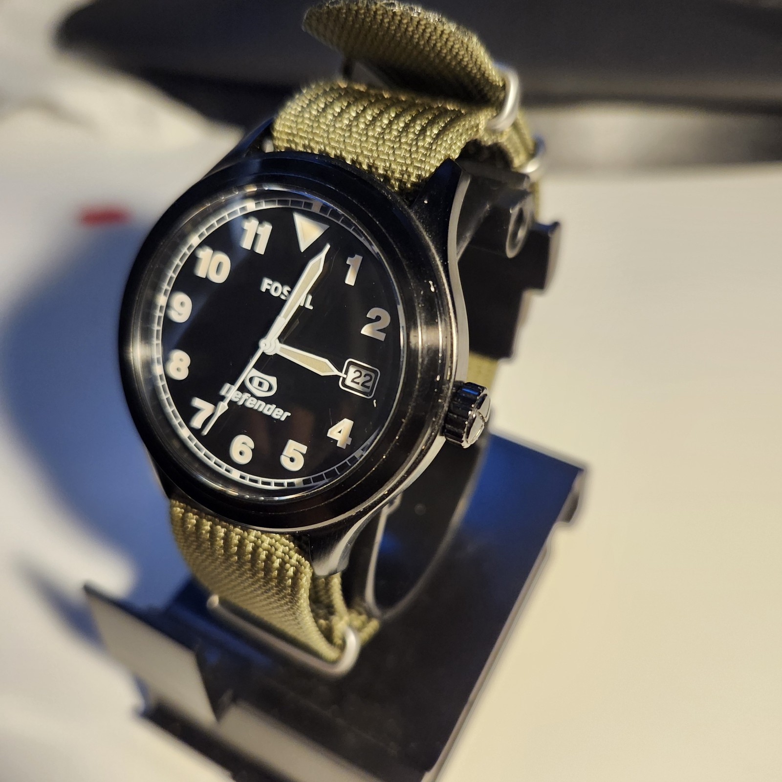 Fossil Defender Black Dial Field Watch with Olive Nylon Strap