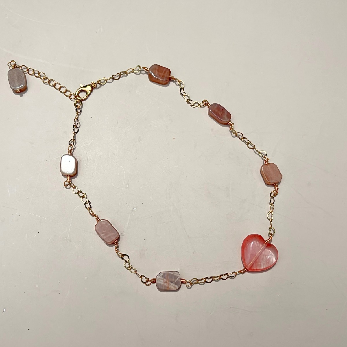 Sun Kissed Heart Sunstone Watermelon Quartz Wire Wrapped Necklace 15–17 in