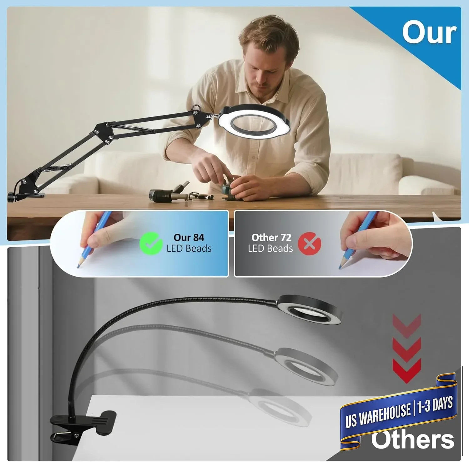 12X Magnifying Glass with Light and Stand, Upgrade Real Glass Magnifying lamp, 5