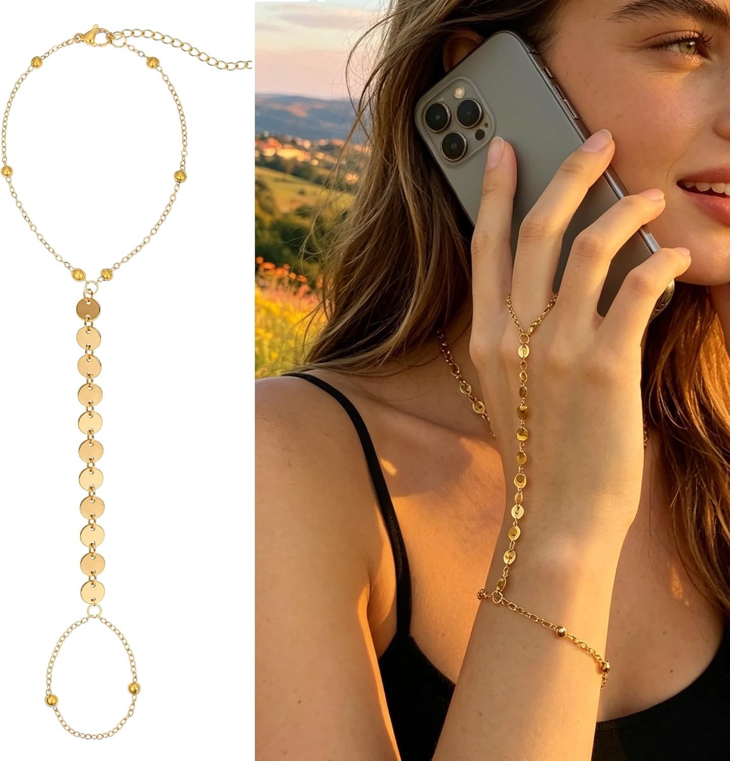 Versatile Set of 7 Adjustable 14K Gold Plated Hand Chain Bracelets for Women