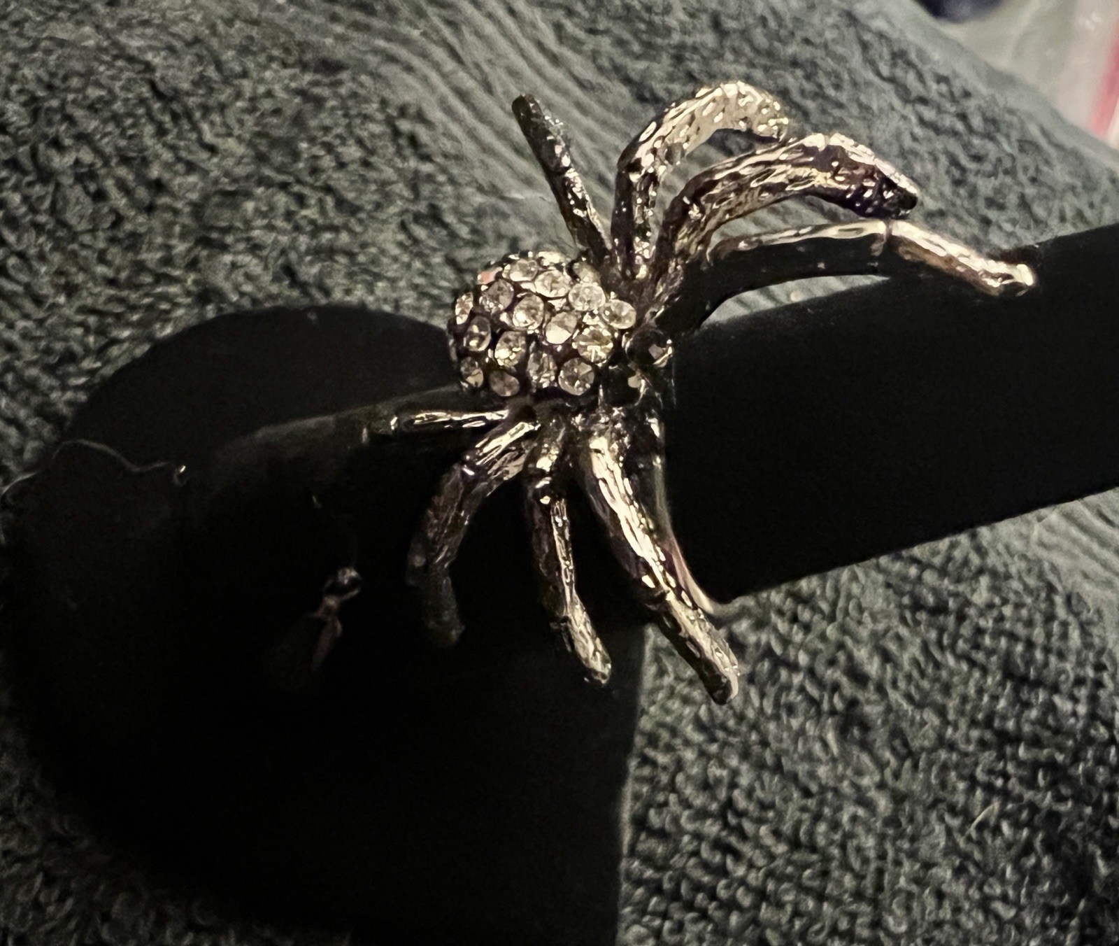 Vintage Betsey Johnson Spider Ring Clear & Black Crystals Dangly Black Bead
