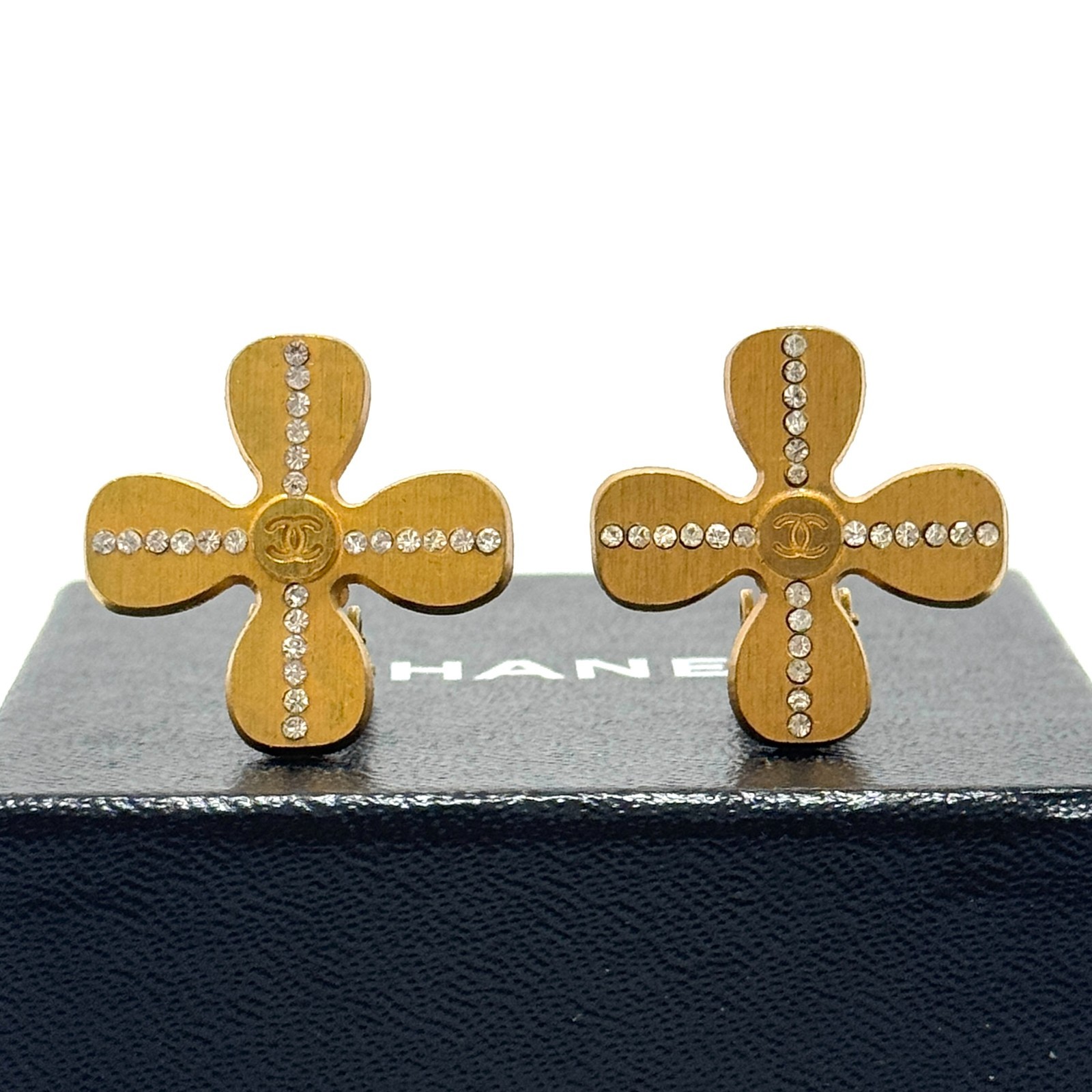 CHANEL 01C CC Logo Coco Mark Clover Earrings Gold Rhinestone Authentic JAPAN