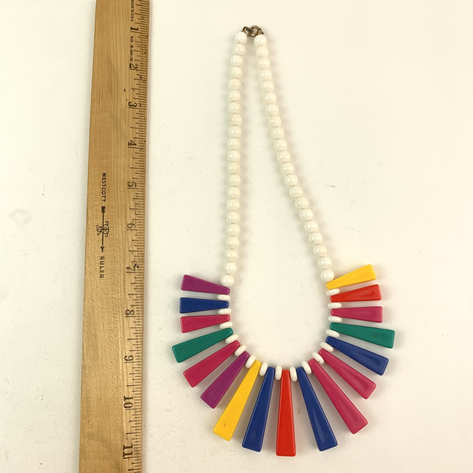 Vintage 80s 90s Colorful Geometric Fan Bead Necklace Retro Plastic Resin