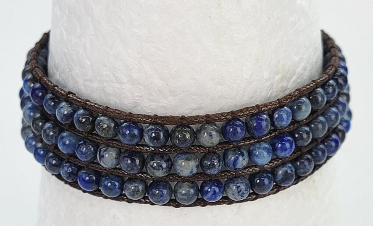 Lapis Lazuli Beaded Wrap Bracelet 6.5″ Brown Leather Cord Toggle Clasp Boho