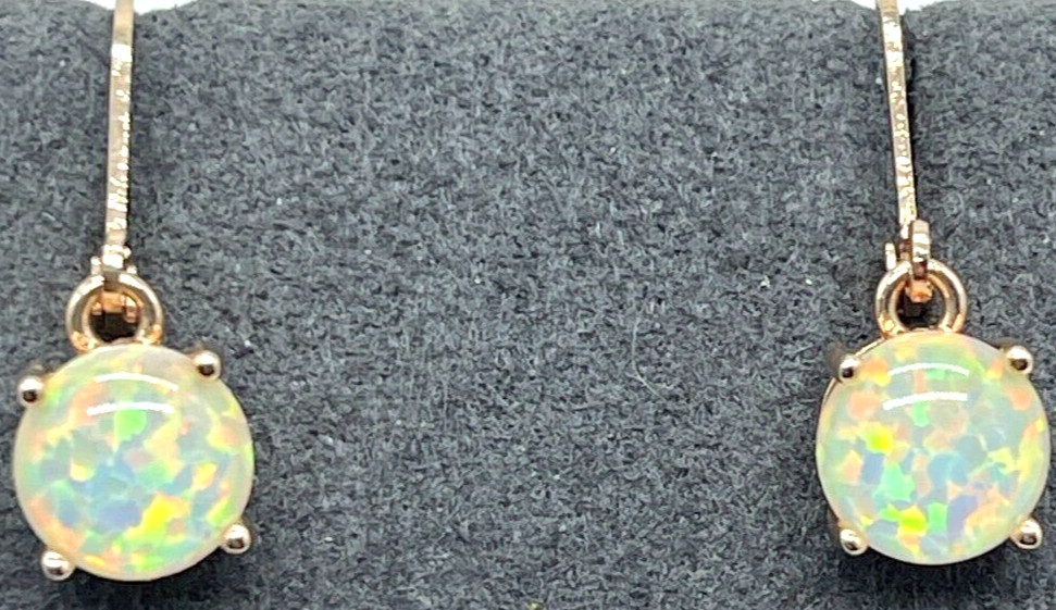 Earrings. Rose Gold Tone White Multicolor Reflective Opal Leverback w/1″ Drop
