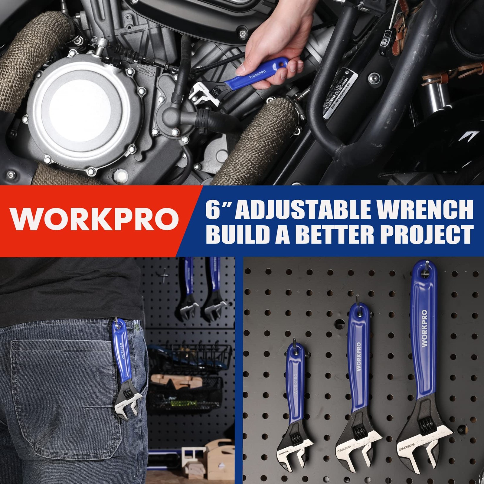 WORKPRO 6-Inch Adjustable Wrench, Wide Jaw Cr-V Steel Black 6 inch, Blue