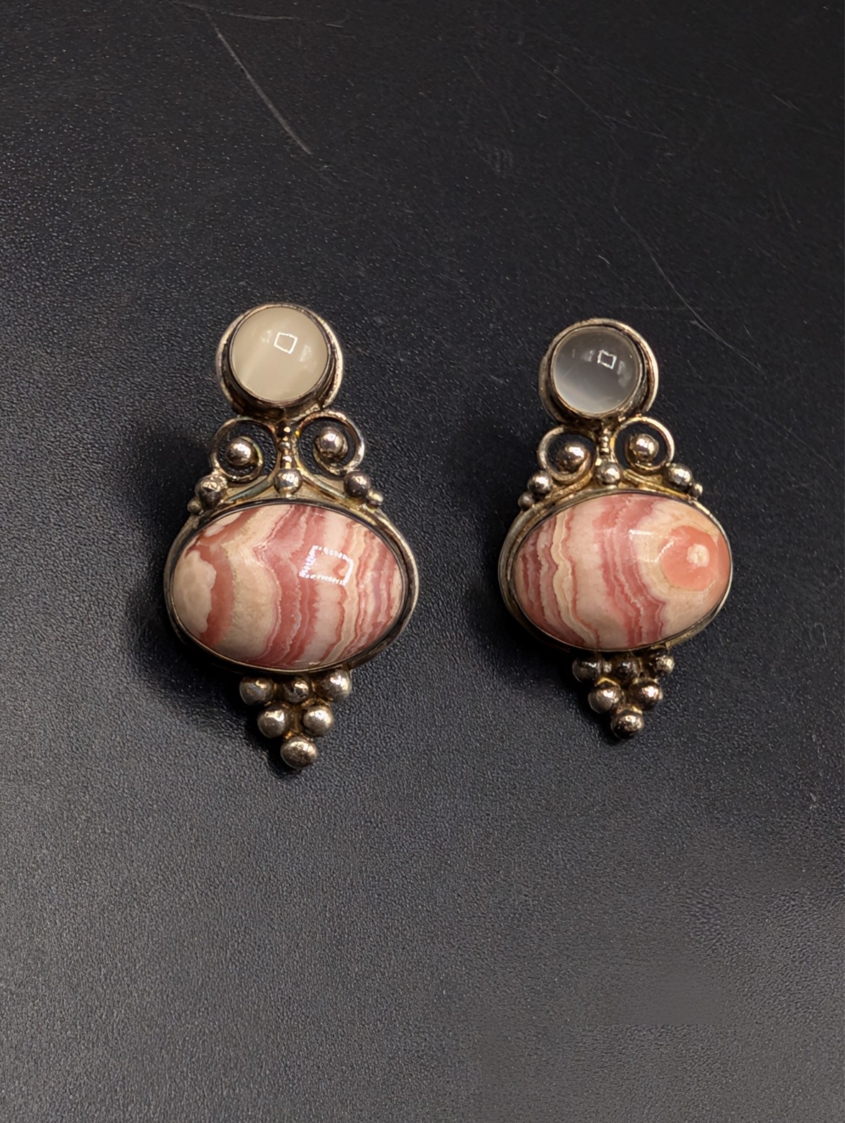 Sterling Silver Sajen Moonstone and Rhodochrosite Stud Earrings