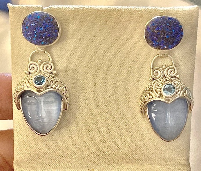 Vintage Sajen 925 Sterling Silver Carved Goddess Face Druzy, Topaz Earrings