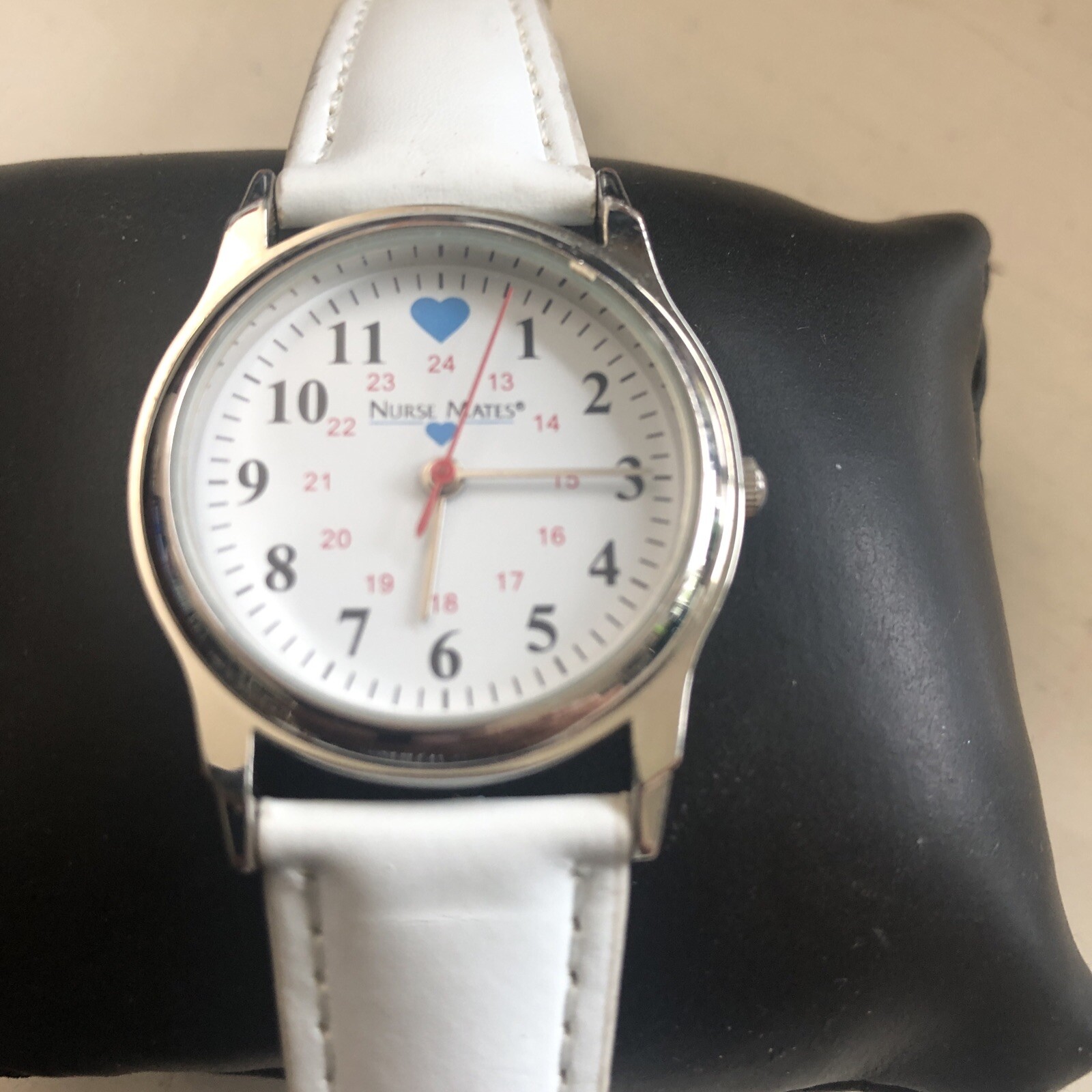 Nurse Mates Watch Women New Battery Silver Tone White Band 32mm White 24hr Dial