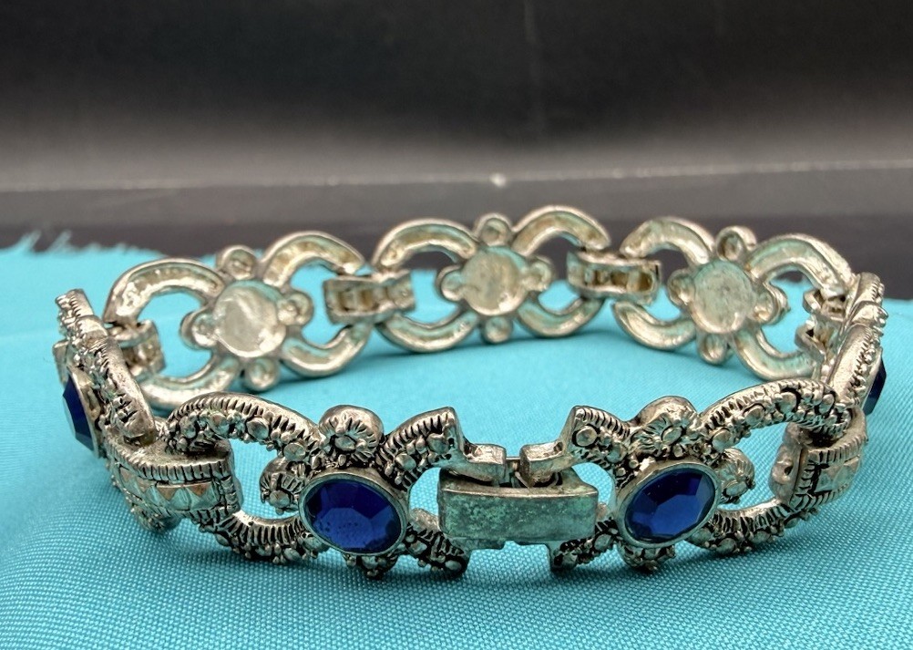 Art Deco Style Bracelet Moisonnite, Blue Saphhire Colored Cystals Silver 7.5”