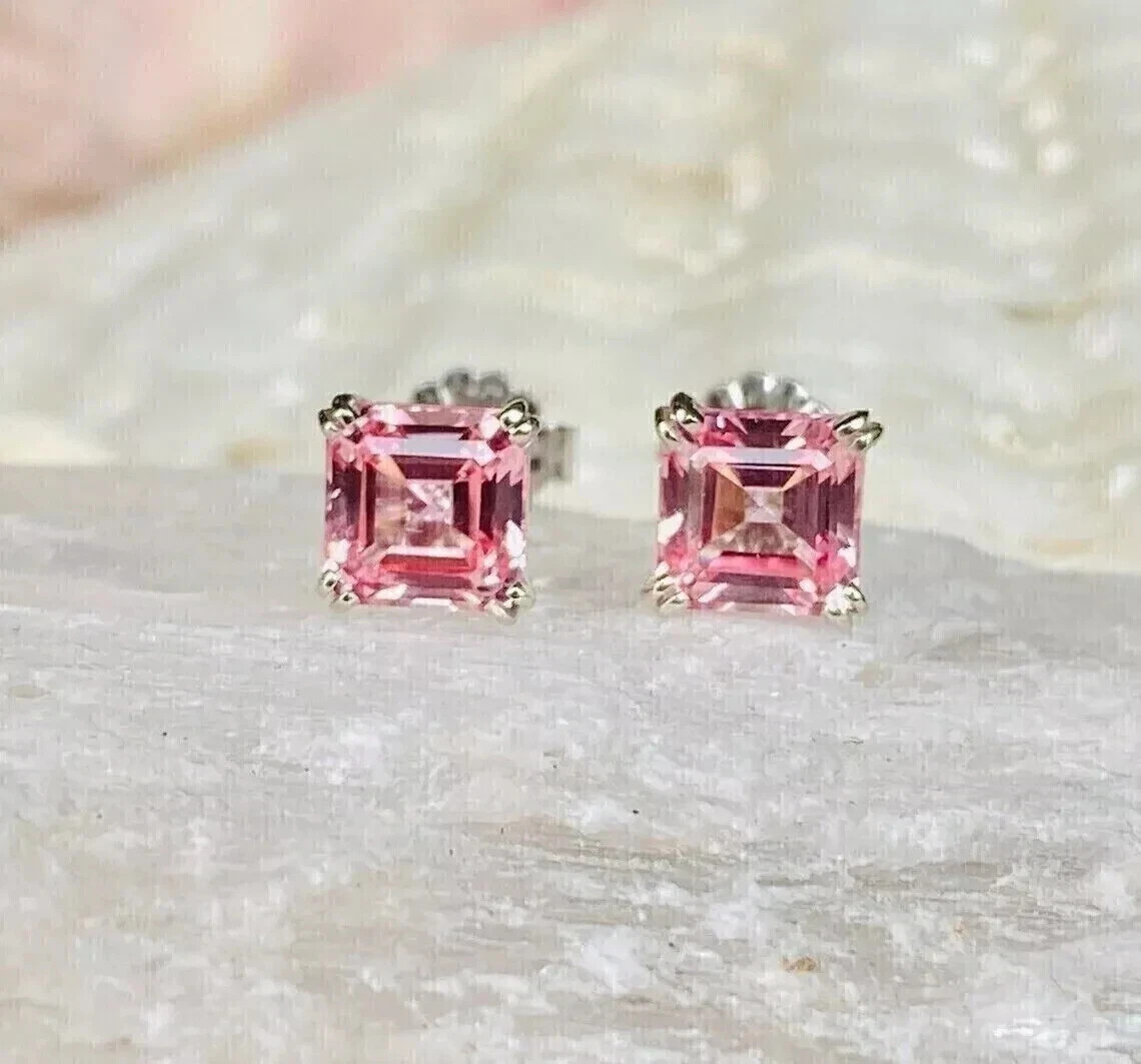 1.50Ct Asscher Cut Lab Created Pink Diamond 14K White Gold Plated Stud Earrings