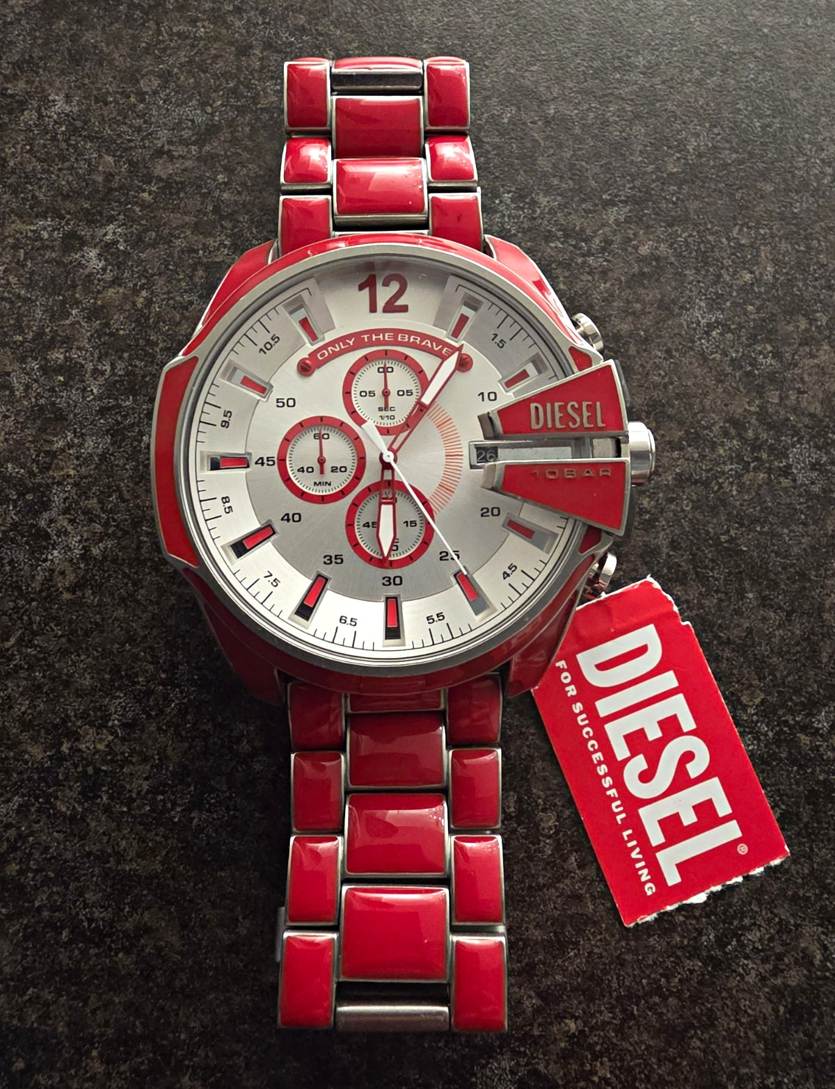 DIESEL Watch DZ4638 Men’s Mega Chief Red Enamel Stainless Steel.